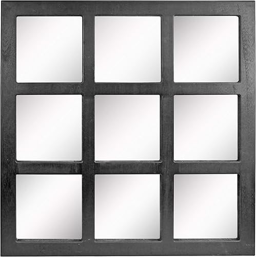 Stonebriar Square Rustic 9 Panel Window Pane Wall Mirror with Black Painted Wood Finish and Attached Mounting Brackets, 23.5" x 23.5"