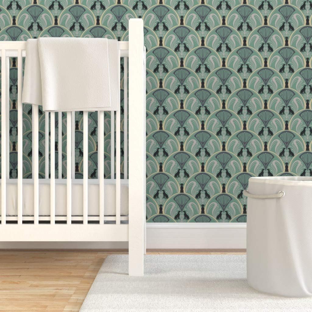 Peel & Stick Wallpaper Swatch - Art Nouveau Black Labrador Retrievers Mint Green Vintage Animals Deco Dogs Elegant Custom Removable Wallpaper by Spoonflower