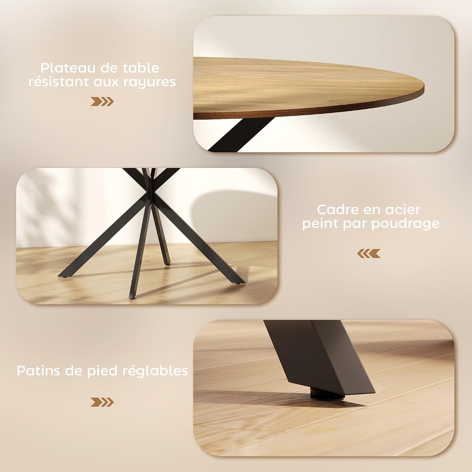 Close-up of the HOMCOM dining table's scratch-resistant top, steel frame, and adjustable feet