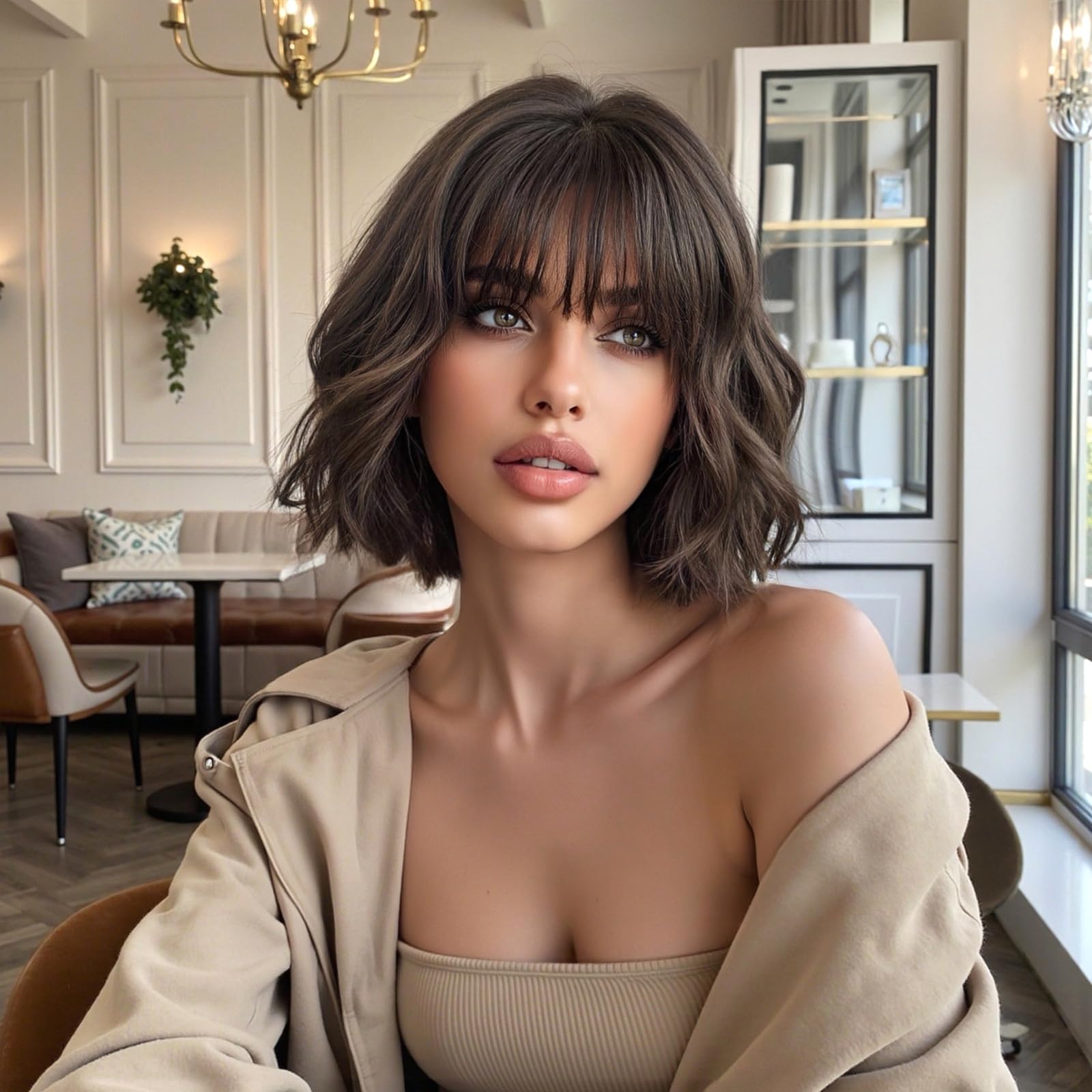 Photo 1 of Veltronix Glueless Lightweight Brown Bob Real Human Hair Wig Short Wavy with Bangs Heat Resistant for Women Daily Party Cosplay Wear (Brown,10inch)