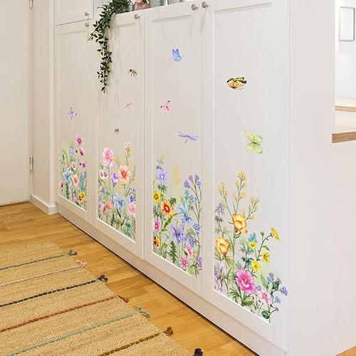 Miniatura 3 de Runtoo Calcomanías artísticas de pared de flores de jardín, zócalo floral, línea de zócalo, calcomanías de esquina para niñas, dormitorio, sala de