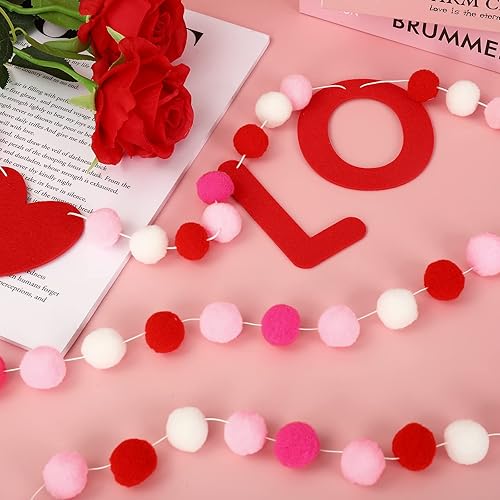 Miniatura 3 de Whaline 3 unidades de pancarta de fieltro para el día de San Valentín, pancarta con pompones de corazón, rojo, blanco, rosa, guirnalda decorativa