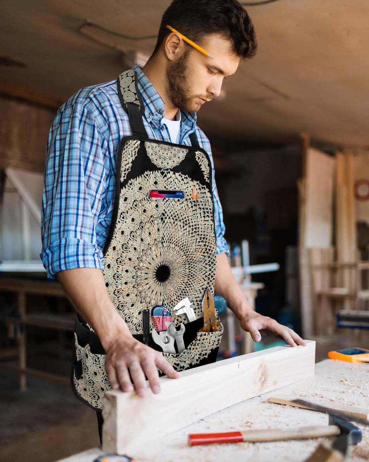 Work Apron for Men Adjustable Woodworking Apron with 16 Pockets Oxford Apron Boho Circle Line Texture Black Tool Apron