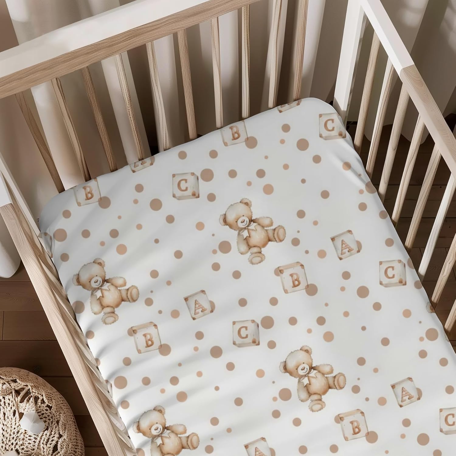 Cartoon Cute Bears ABC Letters Pattern Baby Sheets for Crib, Unisex Forest Animals Theme Nursery Fitted Bed Sheet for Boys Girls Standard Crib and Toddler Mattress-28x52