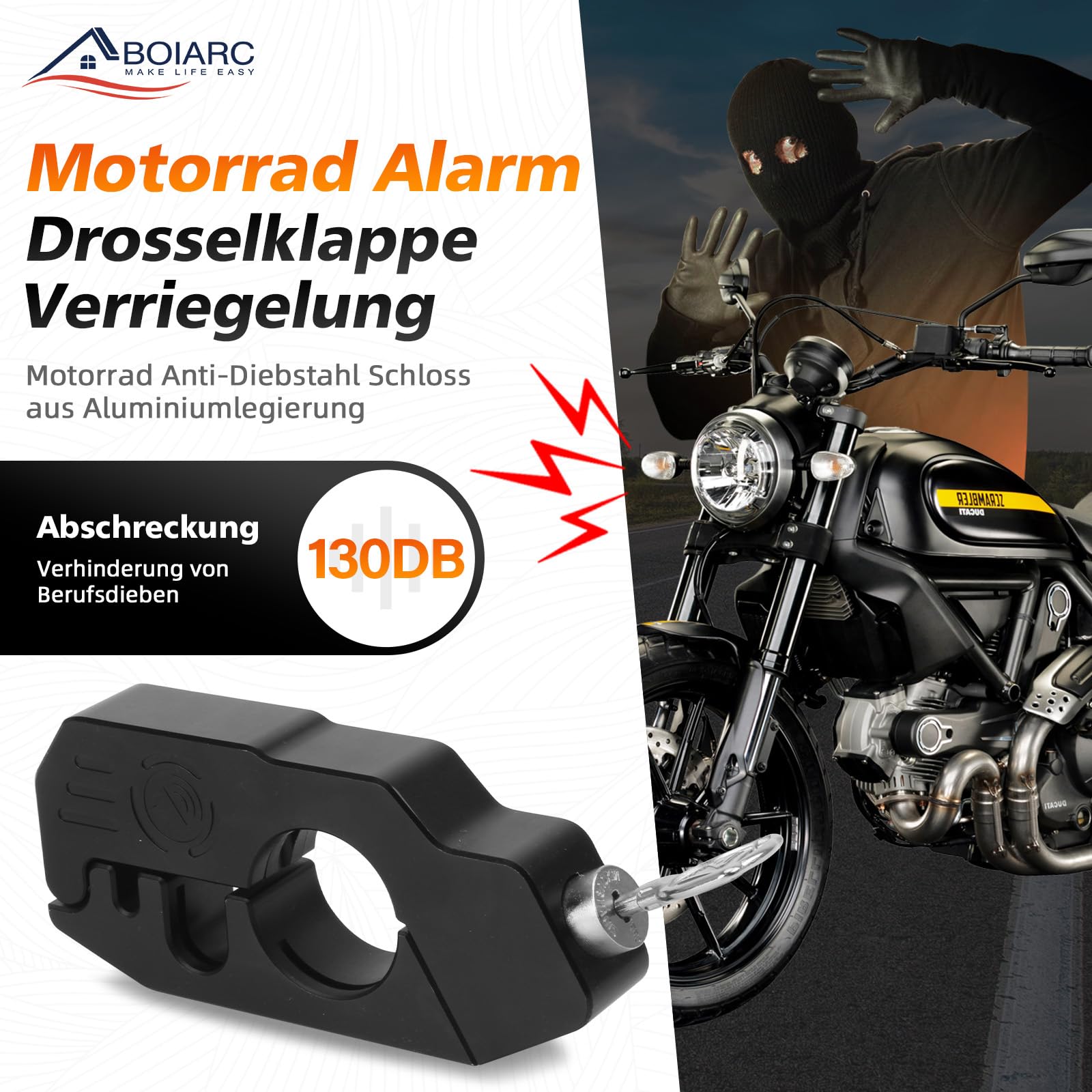 Motorrad Bremsschloss 130DB Alarm, Anti Diebstahl Motorrad Lenker Schloss | Aluminiumlegierung Motorrad Schloss, IP65 Wasserdichte,Moped Schloss Hohe Sicherheit mit 3 Schlüsseln für ATV,Scooter,Fahrrad