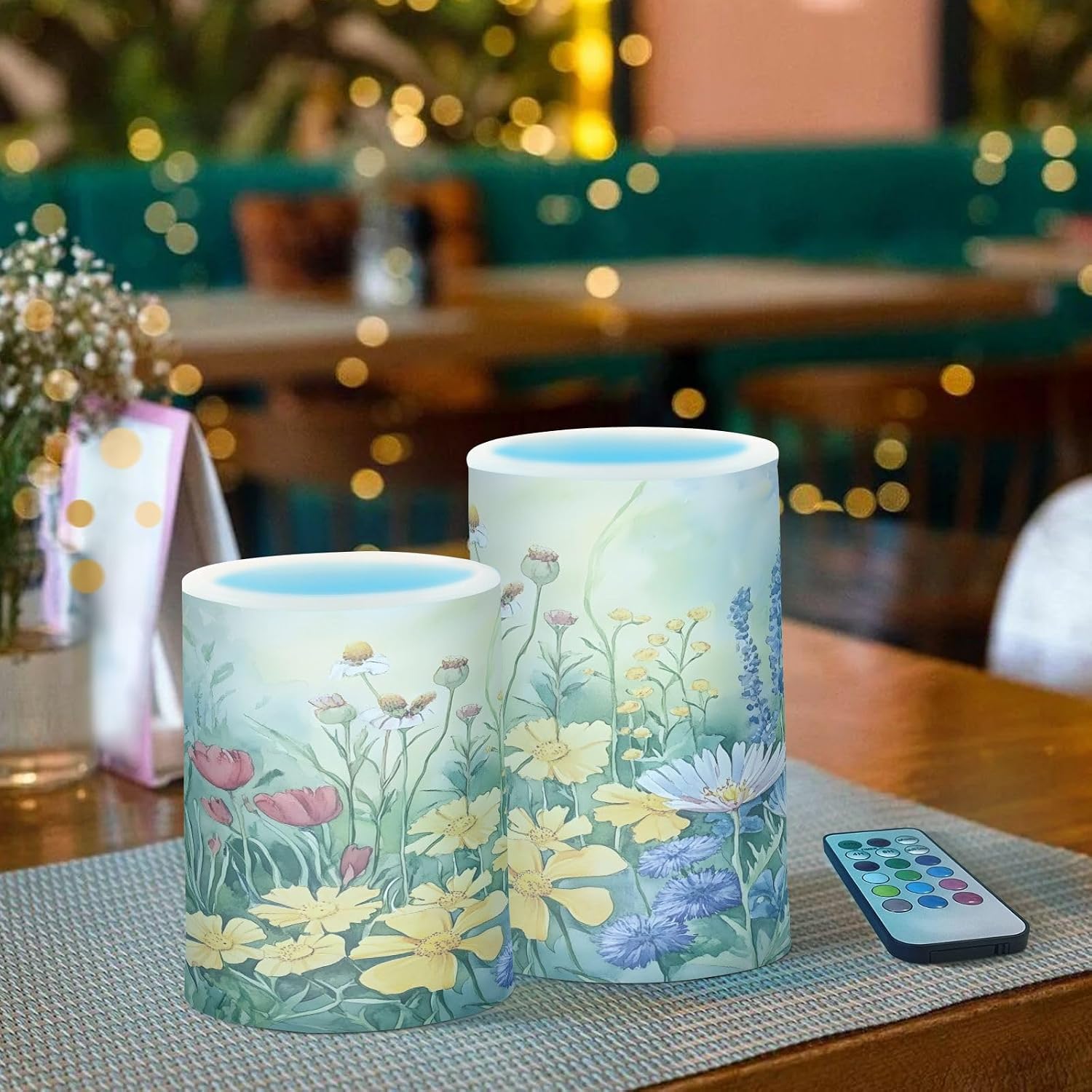 ALAZA Watercolor Wildflower Floral Flickering Flameless Candles Pillar Led Candles Battery Operated Candles with Remote and Timers Set of 2