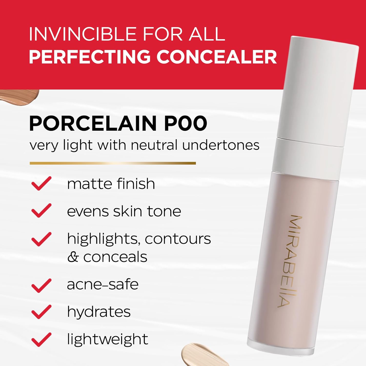 Mirabella Invincible For All Perfecting Under Eye Concealer Full Coverage - Hydrating Makeup Concealer for Dark Circles, Fine Lines & Wrinkles w/Hyaluronic Acid - Porcelain P00 - Image 3