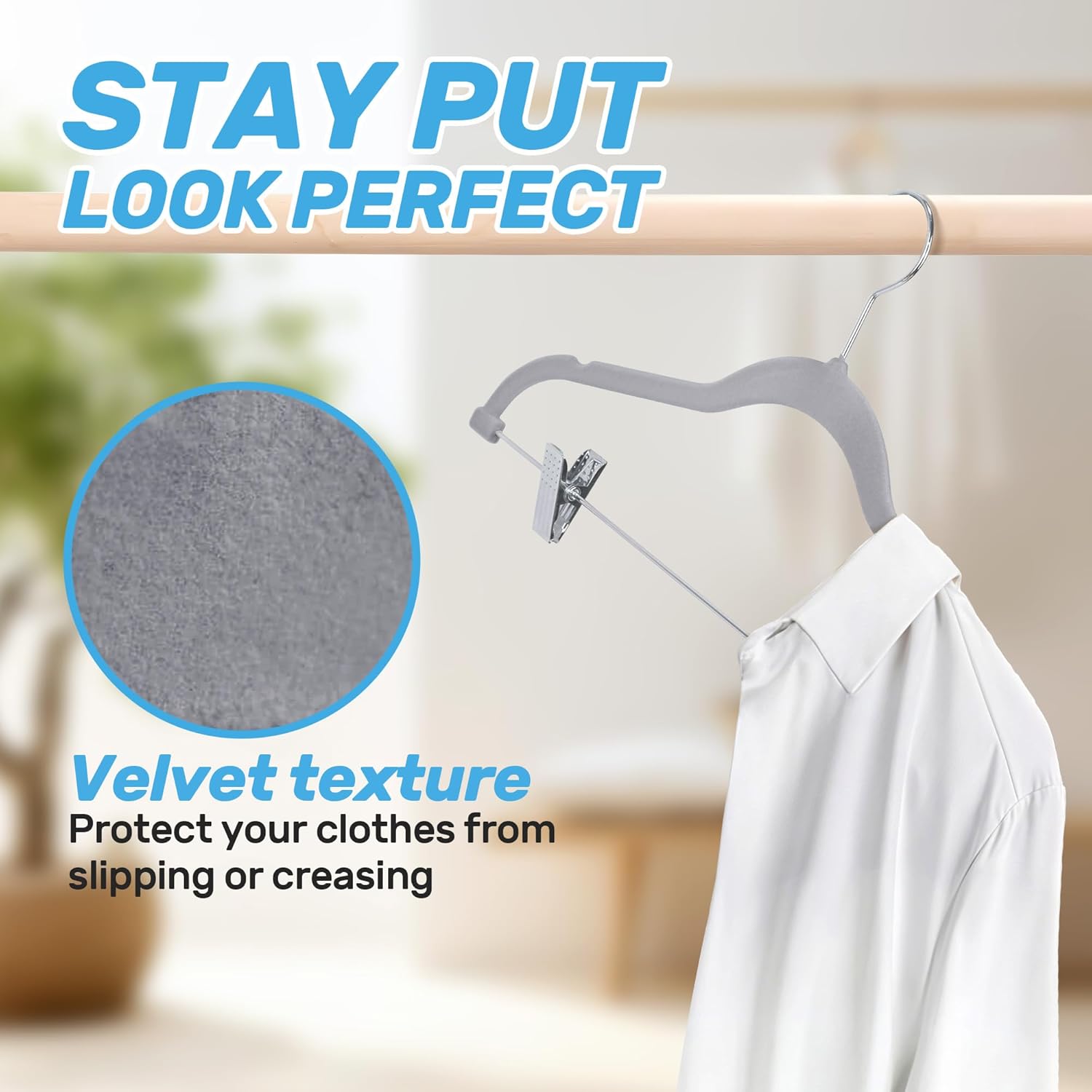 Velvet Pants Hangers 20 Pack with Adjustable Clips, Space-Saving Slim Flocked Hangers, Heavy Duty & Non-Slip Felt Clothes Hangers for Pants, Skirts, Dresses, and Jeans(Grey) - Image 4
