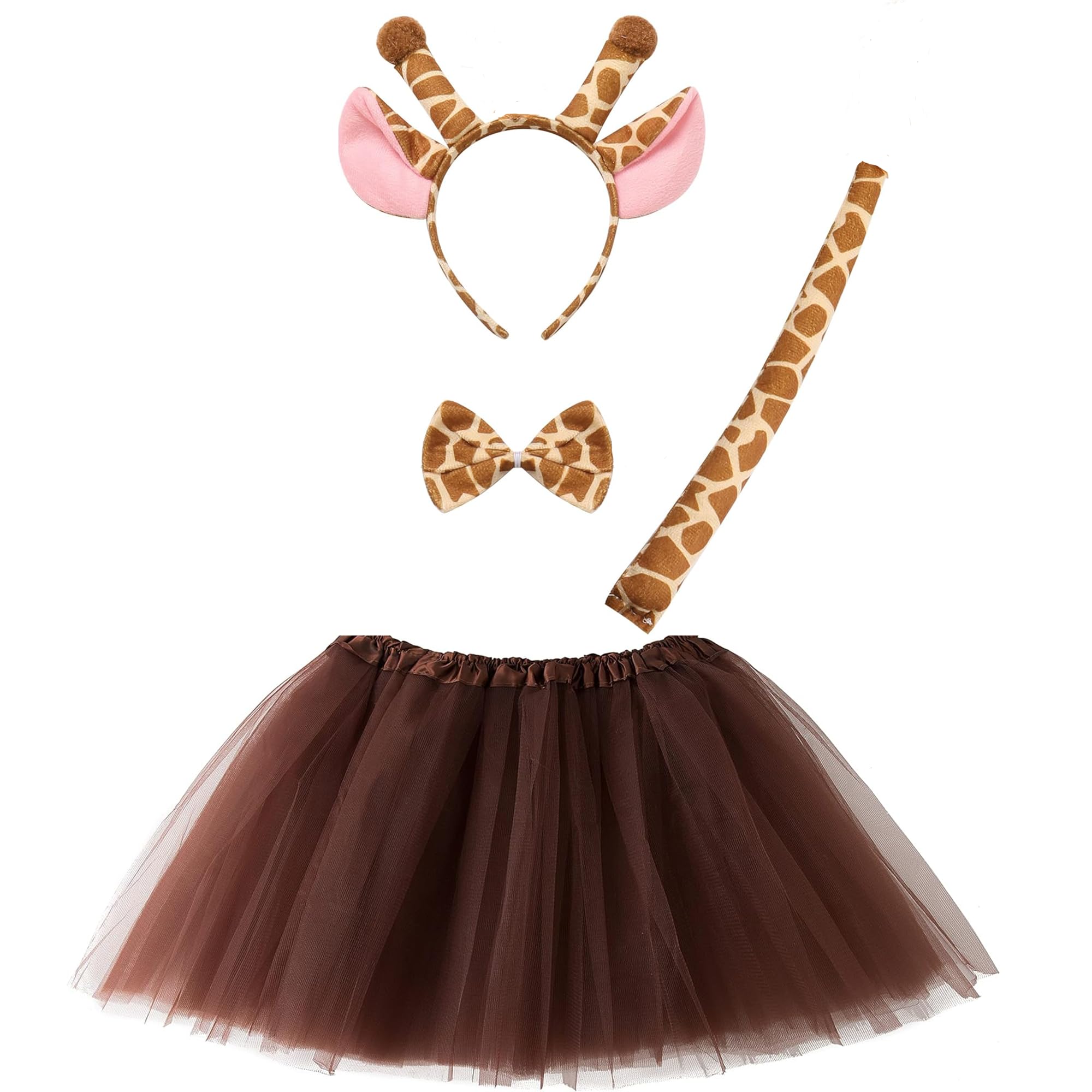 Disfraz Animal para Niña y Adulto con Diadema Cola de Animal Pajarita y Falda Tutu, Disfraz de Animales para Carnaval 4pcs (40CM TUTU ADOLESCENTE/ADULTO, Girafa)