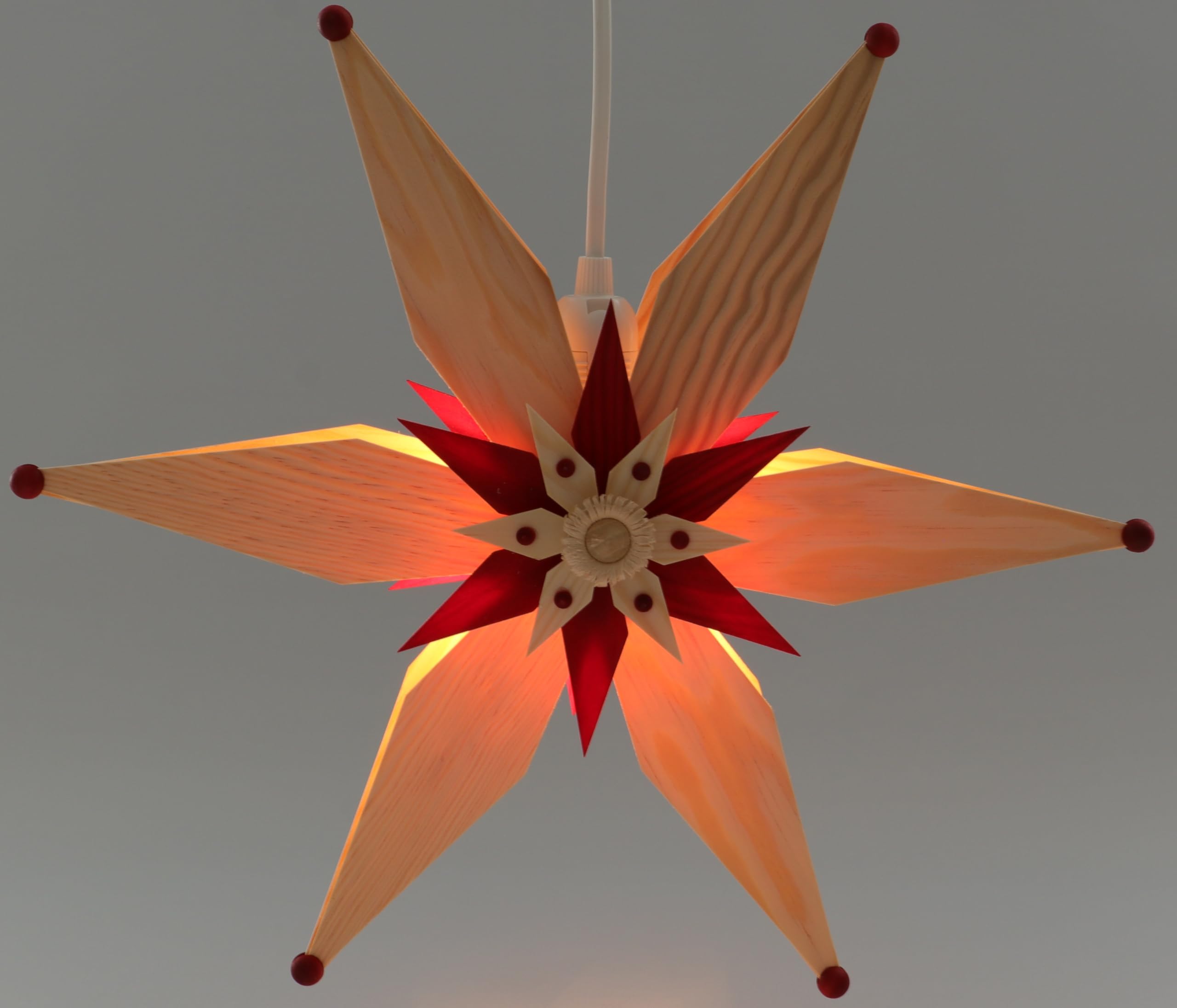 Rudolphs Schatzkiste Fensterschmuck Kieferstern doppelt EL. Beleuchtet Mitte mit Stern Rot BxHxT=34x34x10cm NEU Fensterbild Spanbaum Adventsstern Holz Seiffen Erzgebirge Stern Linde Fensterdeko
