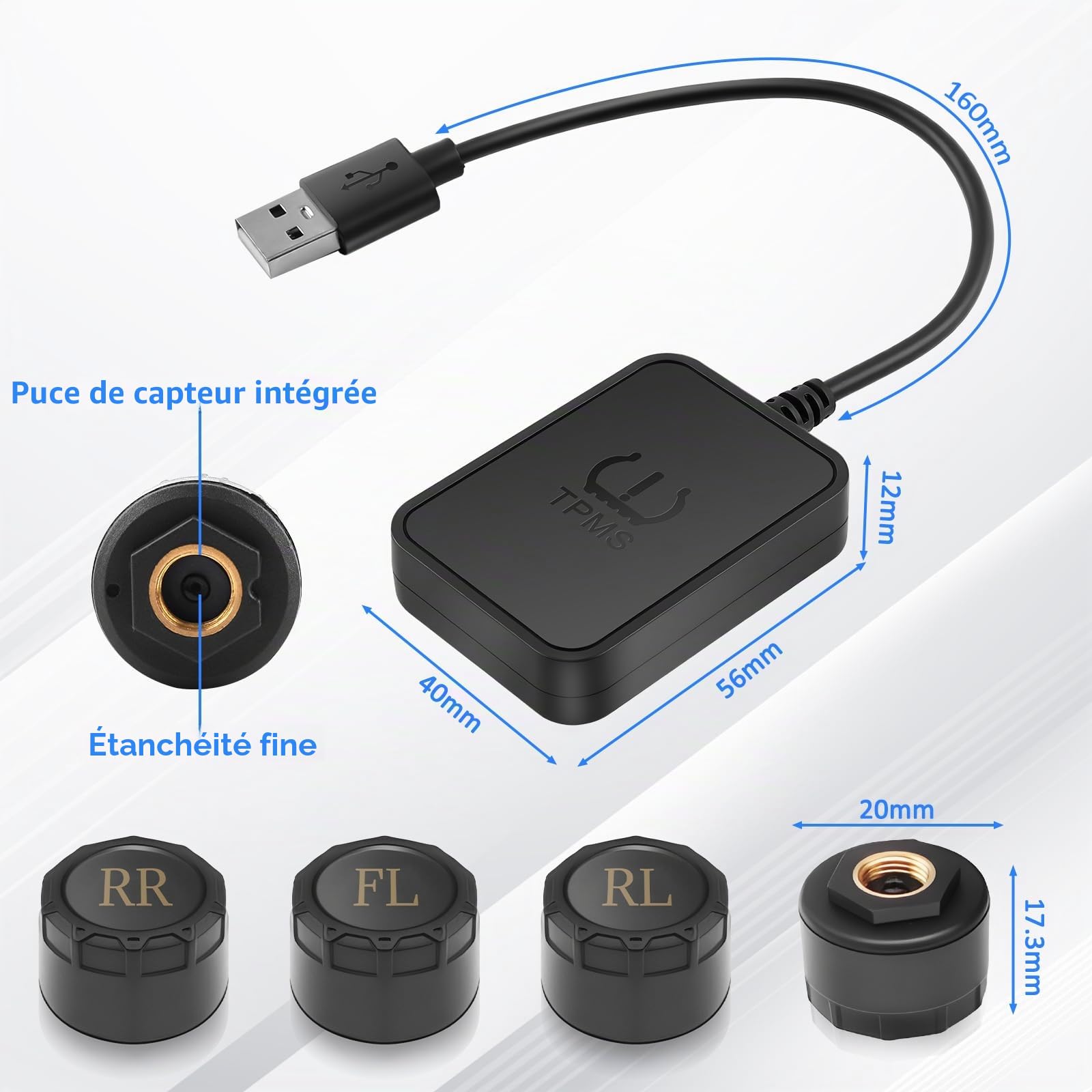 TPMS Système de Surveillance de Pression des pneus avec Charge USB, 4 capteurs, compatibilité pour écran de Navigation Android, Surveillance Universelle pour Voitures, SUV, caravanes (0-8bar)