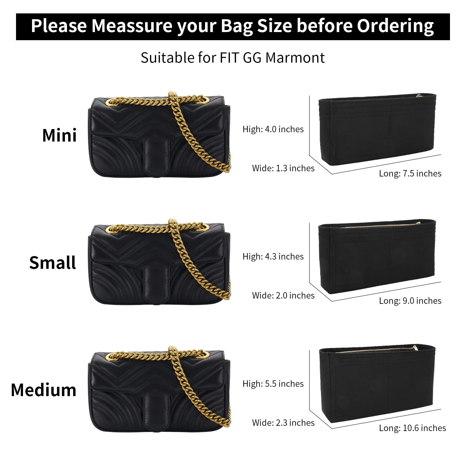 LOUKAYCC Felt Purse Organizer Insert for GG Marmont Mini Bag Organizer Handbag (Mini, Black)