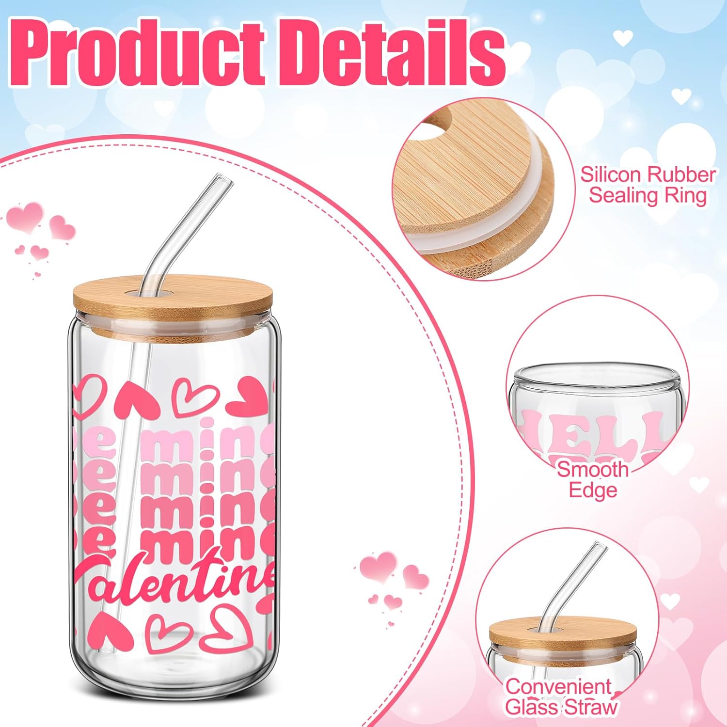 6 Pcs Valentines Glass Tumbler Gifts Galentines 16 oz Pink Heart Glass Cup with Bamboo Lid and Straw Valentines Can Shape Drinking Glasses Iced Coffee Cup for Her Birthday Presents
