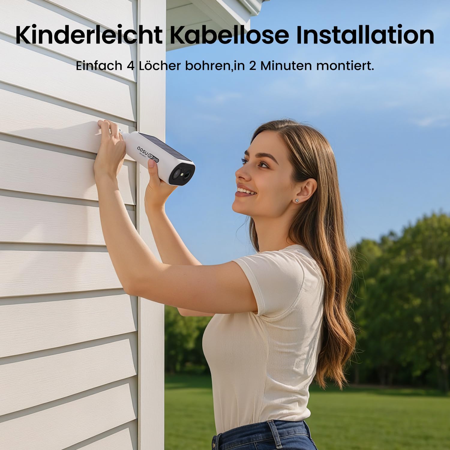 aosu 2K 3MP Überwachungskamera Aussen Solar Akku, 32G, 166° Weitwinkel | Kein Abo Nötig, PIR Personenerkennung, Nachtsicht Kabellose WLAN-Außenkamera, 2,4GHZ 5GHZ, für Haus & Grundstück, 2 Cam Kit
