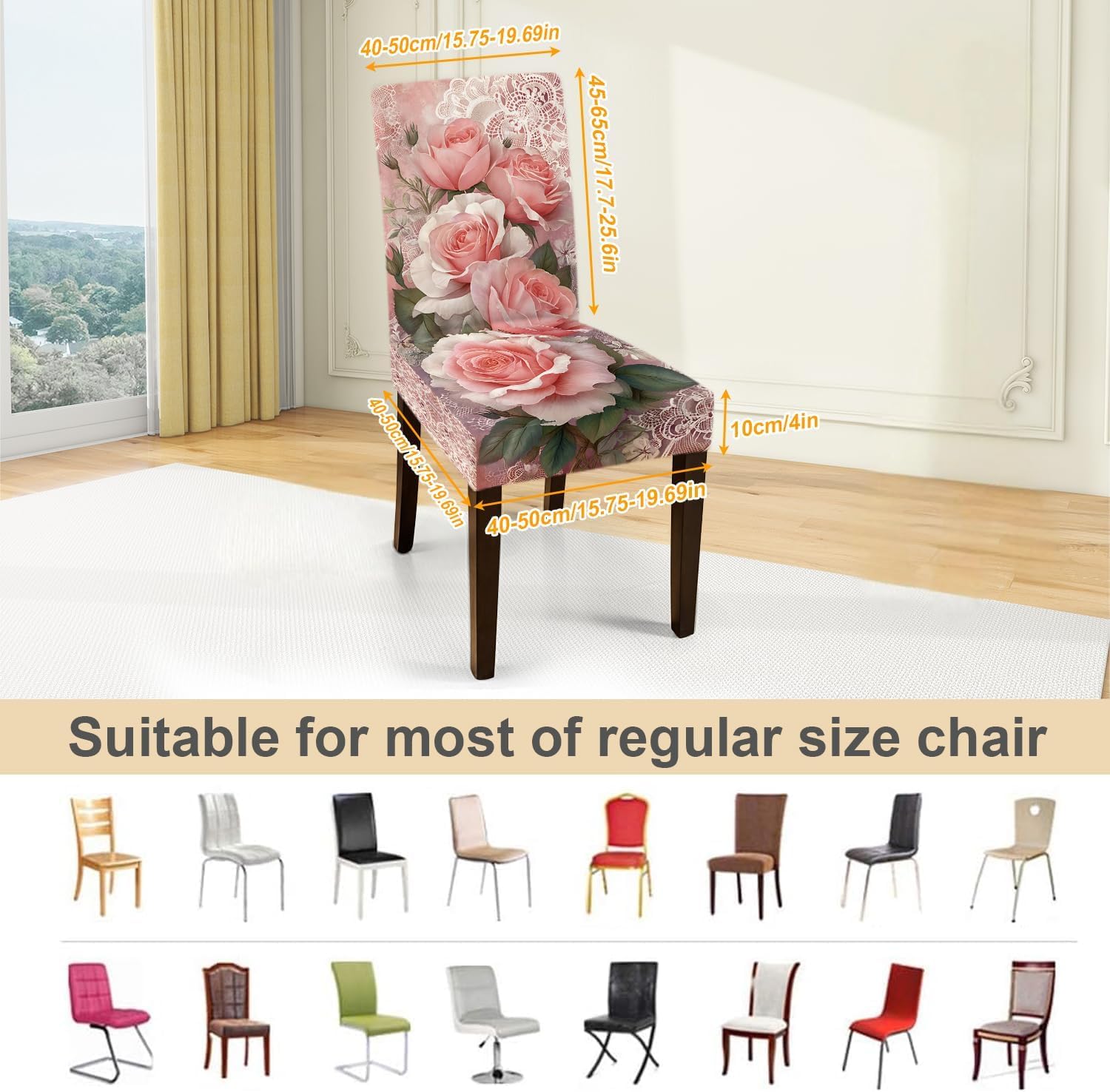 Dining Chair Covers Set of 6, Stretch Spandex Parsons Chair Slipcovers, Pink Rose Floral Lace Pattern, Removable Washable Dining Room Kitchen Chair Protectors