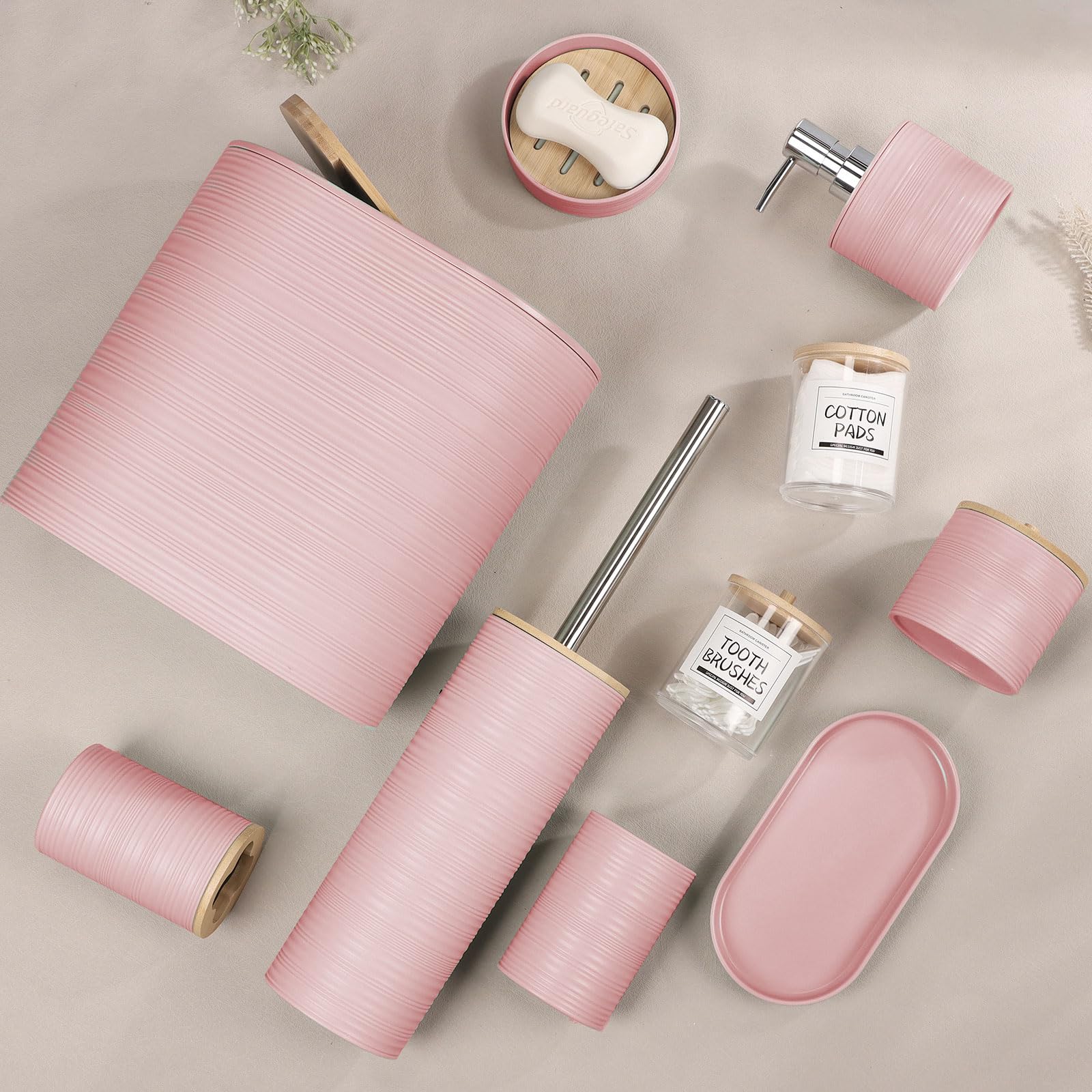 Blush Bathroom Accessories CERBIOR Bamboo Bathroom Accessories Set With  Trash Can Soap Dispenser Toothbrush Holder And Toilet Brush Pink Black Bathroom  Accessories, image size:1600x1600