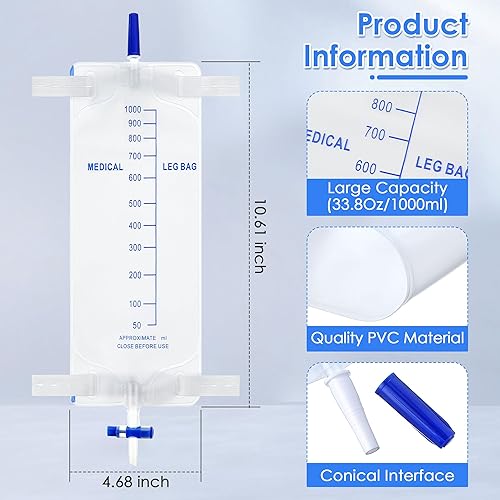 Miniatura 2 de Paquete de 5 bolsas de pierna de 33.8 onzas  33.8 fl oz, bolsa de drenaje urinario con correas de tela, catéter de pierna con válvula antirreflujo