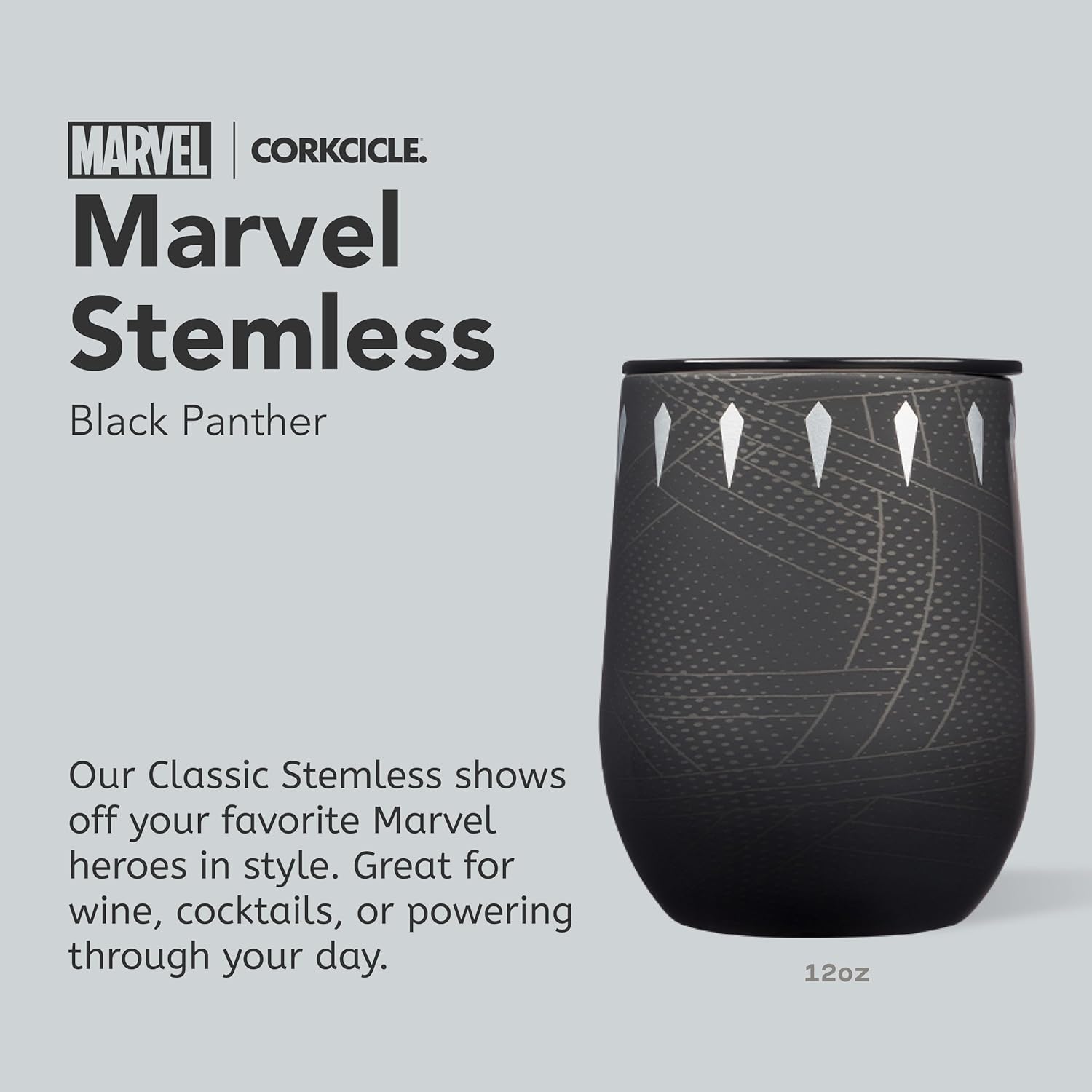 Corkcicle Stemless Insulated Wine Glass Tumbler - Beverages Cold 6 Hours & Hot 3 Hours - Stainless Steel - Easy-Grip - Summer Drinkware Gift - Keeps Drinks Ice - 12 oz - Black Panther - Image 2