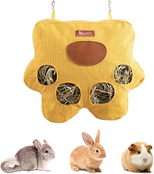 4-Hole Rabbit Hay Feeder Bag with Zipper Top Hanging Rabbit Bags Breathable Fabric Guinea Pig Feeder Cute Small Pet Hay Holder for Guinea Pig Bunny Chinchilla Yellow, Small