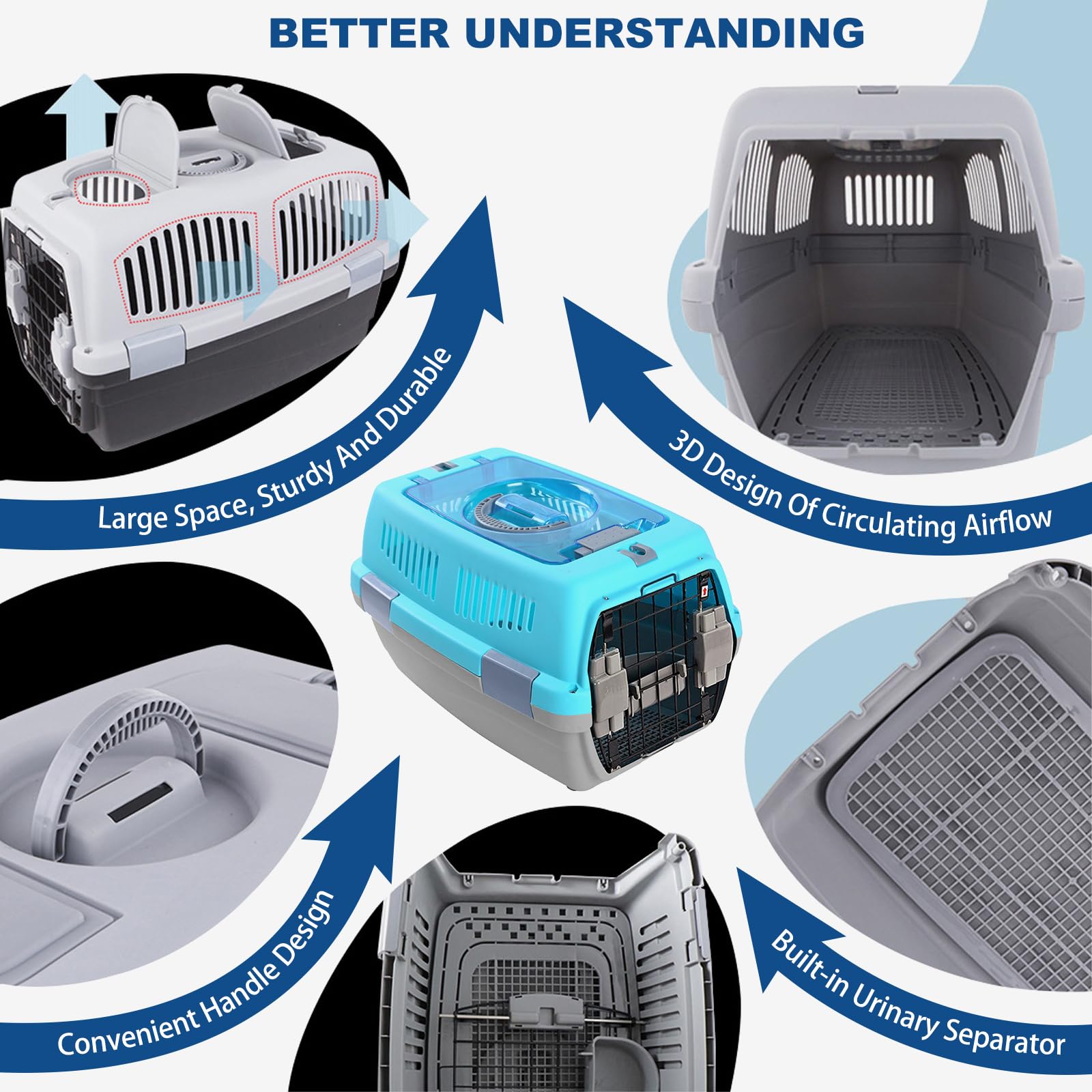 PETCUTE Transportín para Perro y Gato Pequño 48x32x30CM, Duradero Transportín para Perros con Cómodo Mango y Tazón,Resistente y Fácil de Montar,Transportín para Mascotas,Rejillas de Ventilación