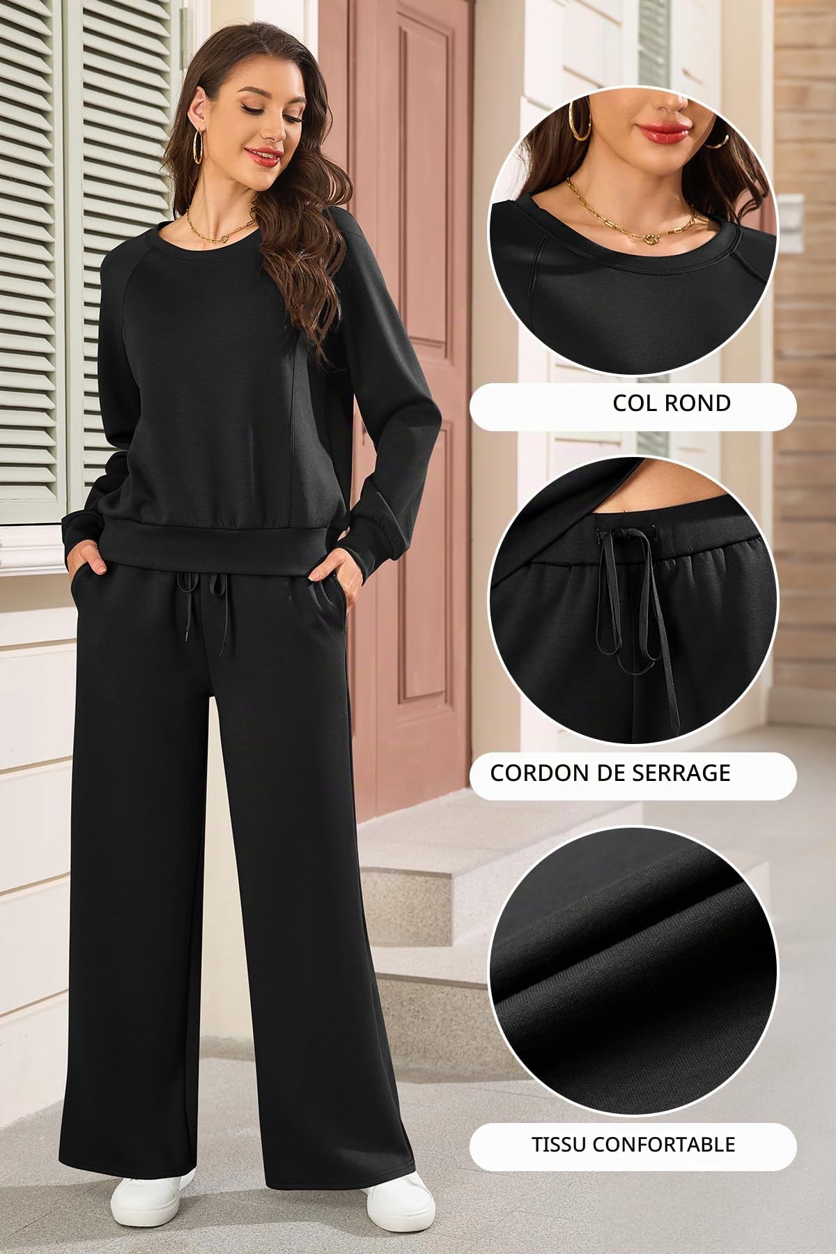 SHEKINI Survetement Femme Ensemble de Survêtement Deux Pièces à Manches Longues et Col Rond Jogging Ensembles Sports Haut et Large Pantalon Droit