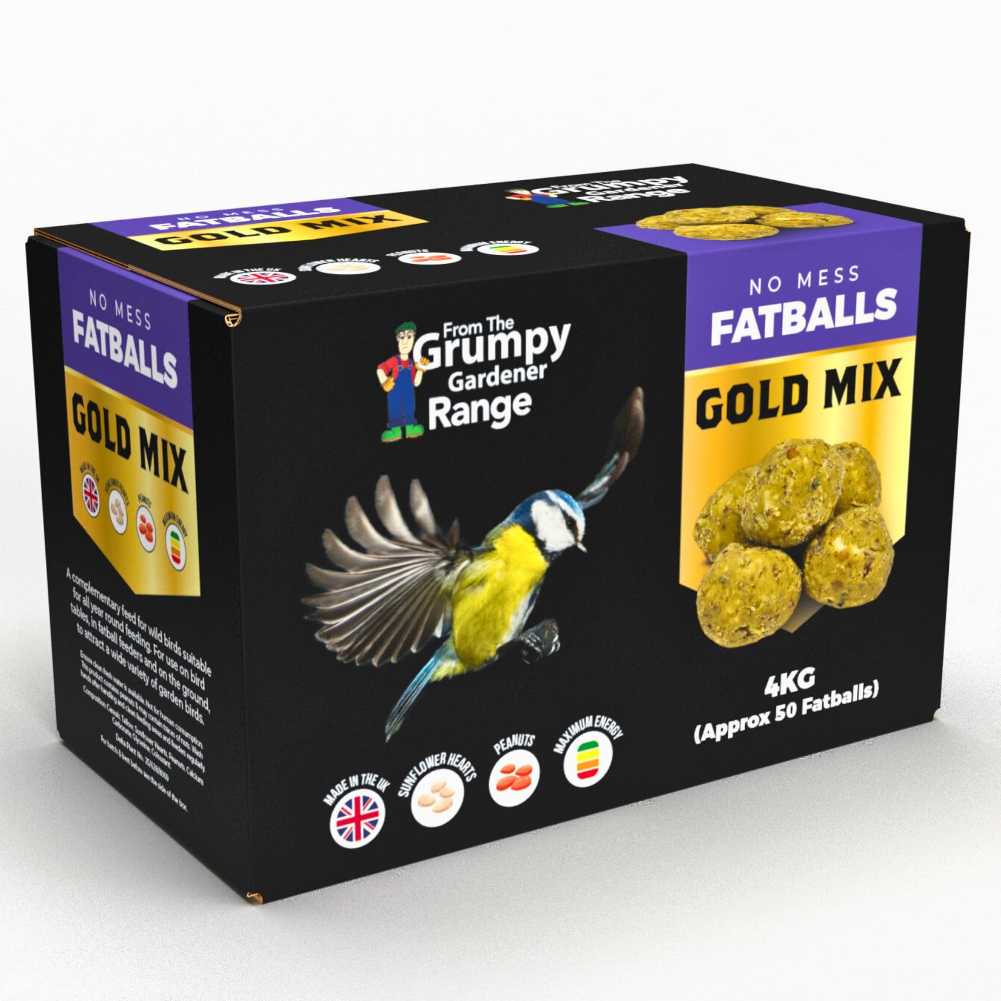 Grumpy Gardener Fat Balls - Gold Mix Wild Bird Suet Balls Enriched with Beef Tallow, Hearts, Peanuts, Sunflower, Essential Bird Seed Blend Fatballs, Bird Feed (50 pack, 4kg)