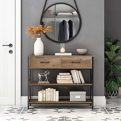 Miniatura 11 de HITHOS Mesa consola industrial con cajones, mesa de vestíbulo vintage con estantes de almacenamiento, mesa de entrada estrecha y larga para sala de