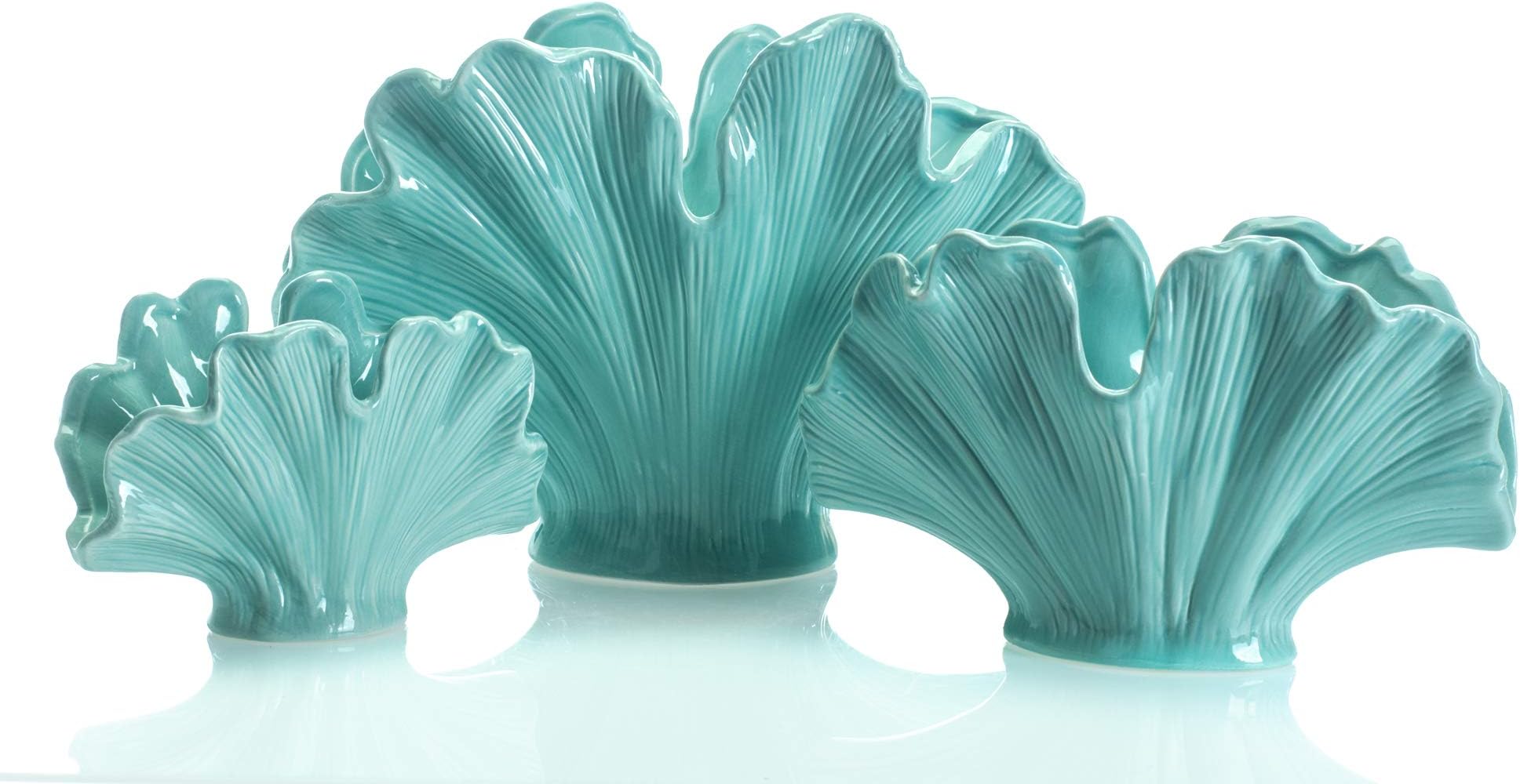 Nautical Shell Ocean Aqua 11 and 9 and 6 Inch Ceramic Vases Set of 3