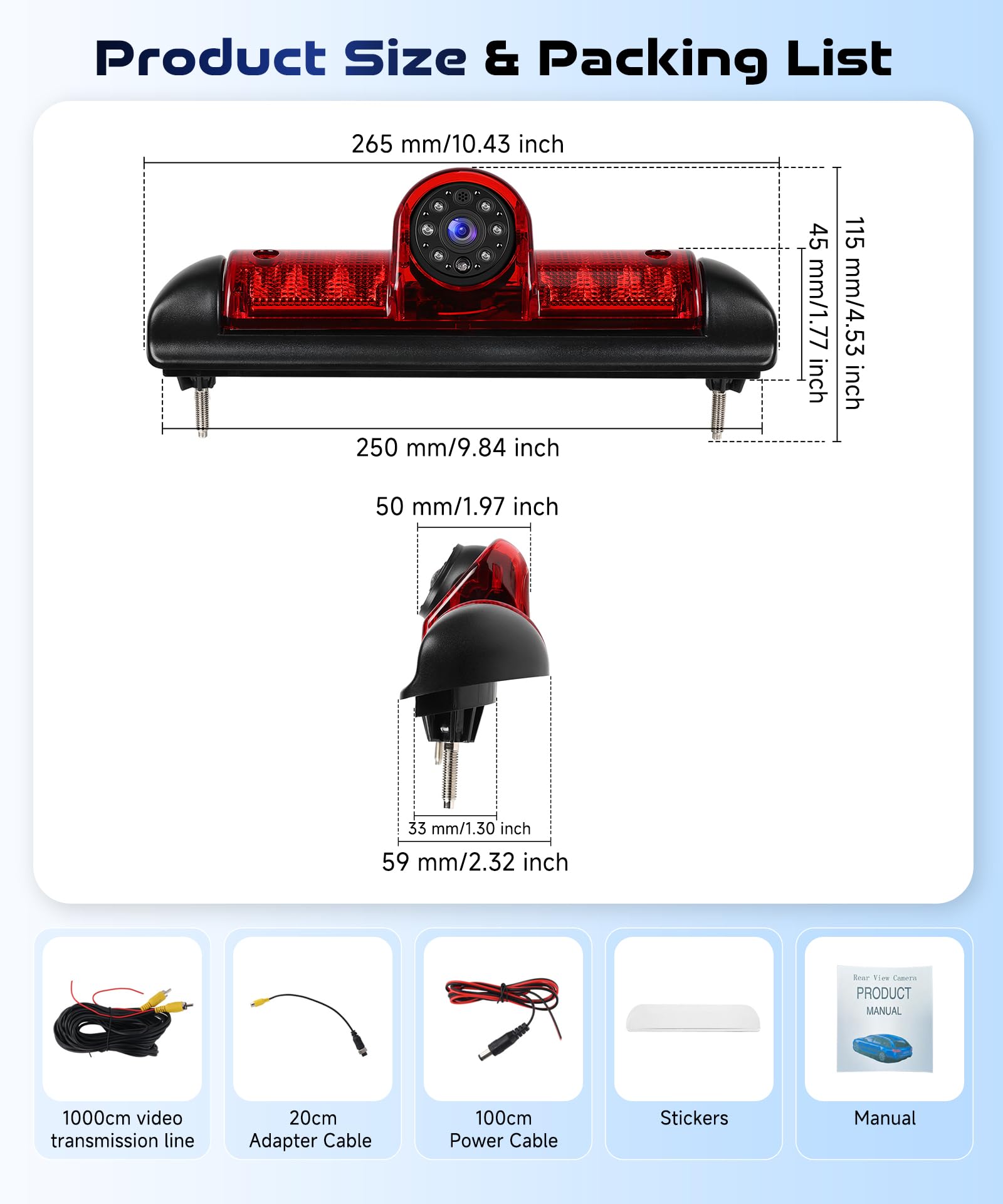 Rimoody Terza Luce di Stop Telecamera Posteriore per FIAT Ducato late 3 gen 2006-2017/Peugeot Boxer 2006-2017/Citroen Jumper 2006-2017, Visione Notturna IR/Impermeabile IP67/Angolo Regolabile AHD&CVBS