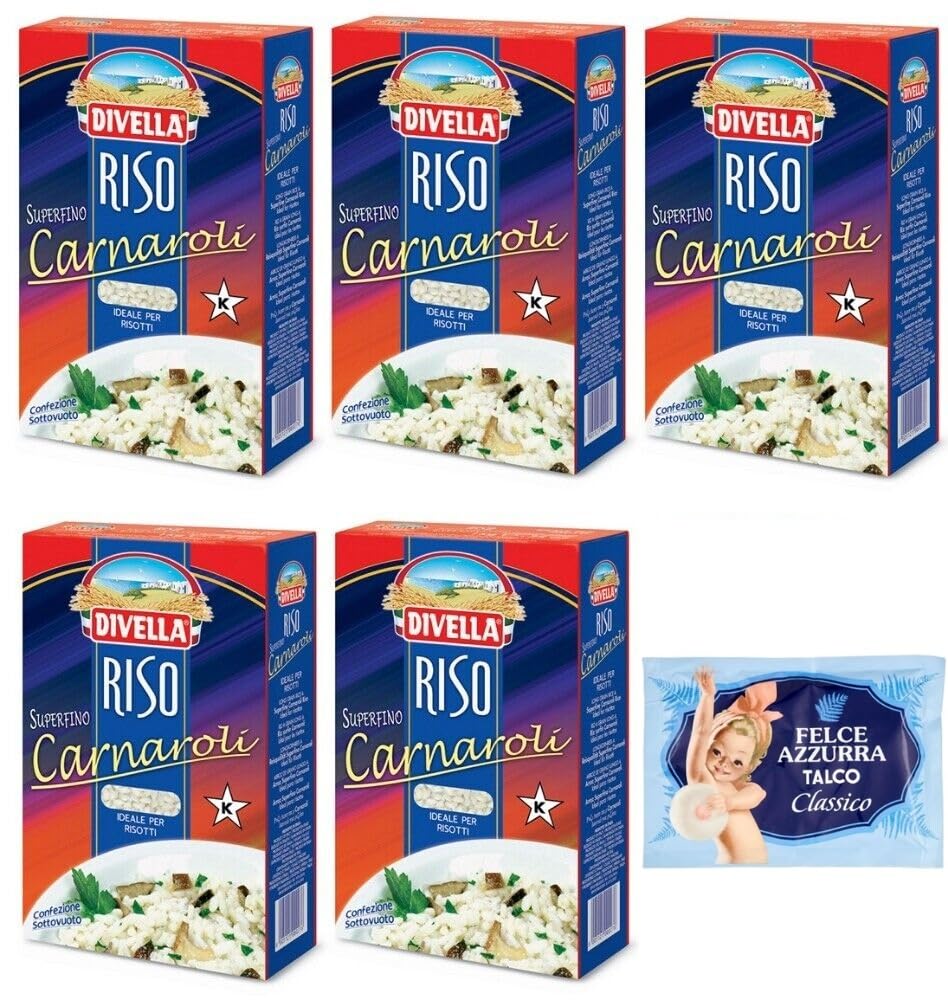 5er-Pack Divella Reis Riso Carnaroli,Superfeine Reiskörner,Ideal für Risottos,1kg Vakuumverpackung + 1er-Pack Kostenlos Felce Azzurra Talkumpuder, 100g-Beutel