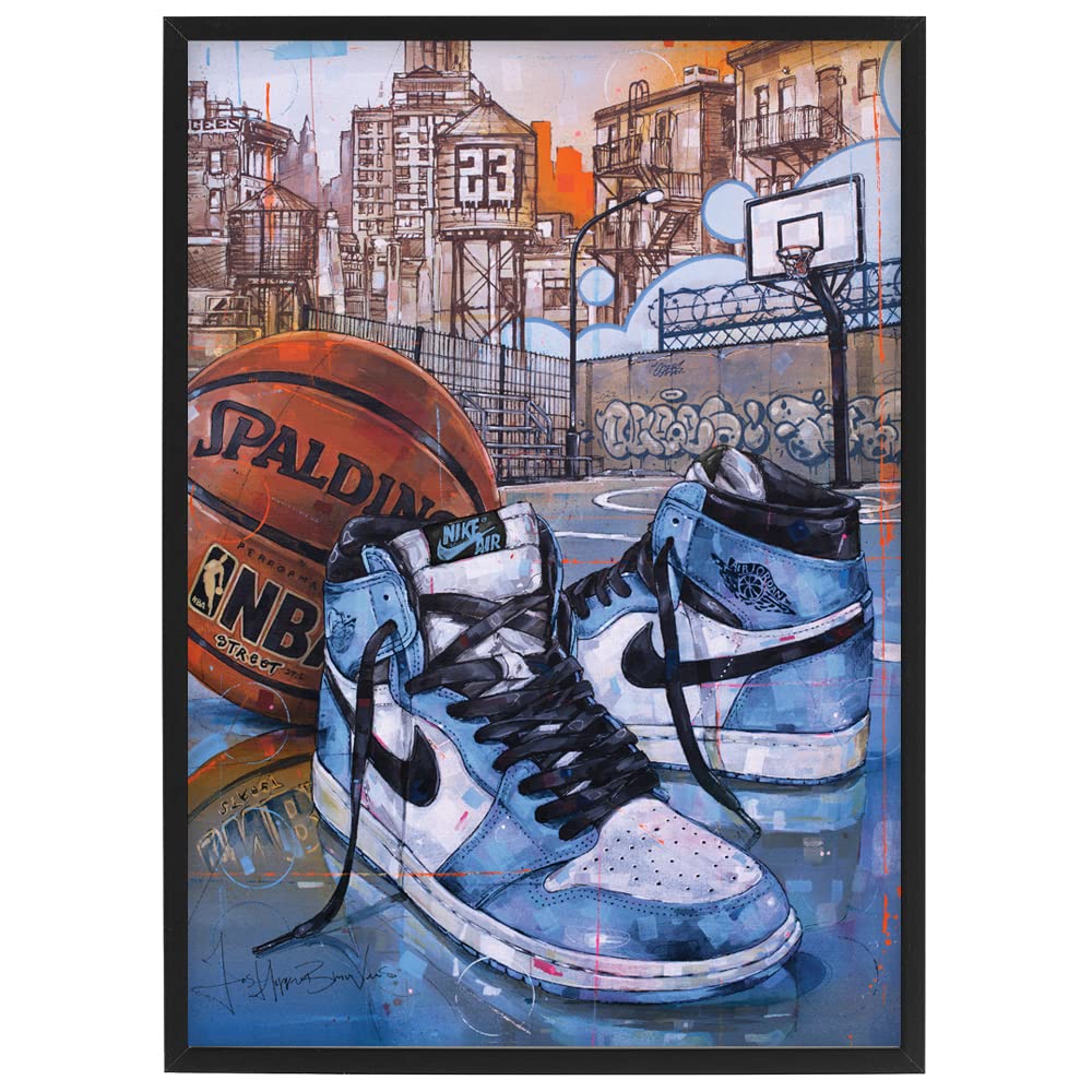 Jos Hoppenbrouwers Poster della squadra di basket Jordan 1 "University blue", 30,6 x 43 cm, incorniciato e firmato