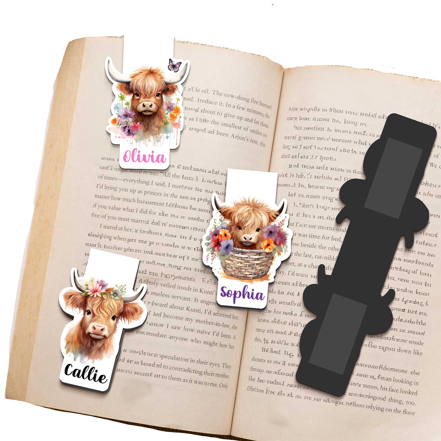 callie Personalized Highland Cow Bookmark Clip for Women Kids, Leather Magnetic Book Marks, Gifts for Highland Cow Lovers, 1 Pack