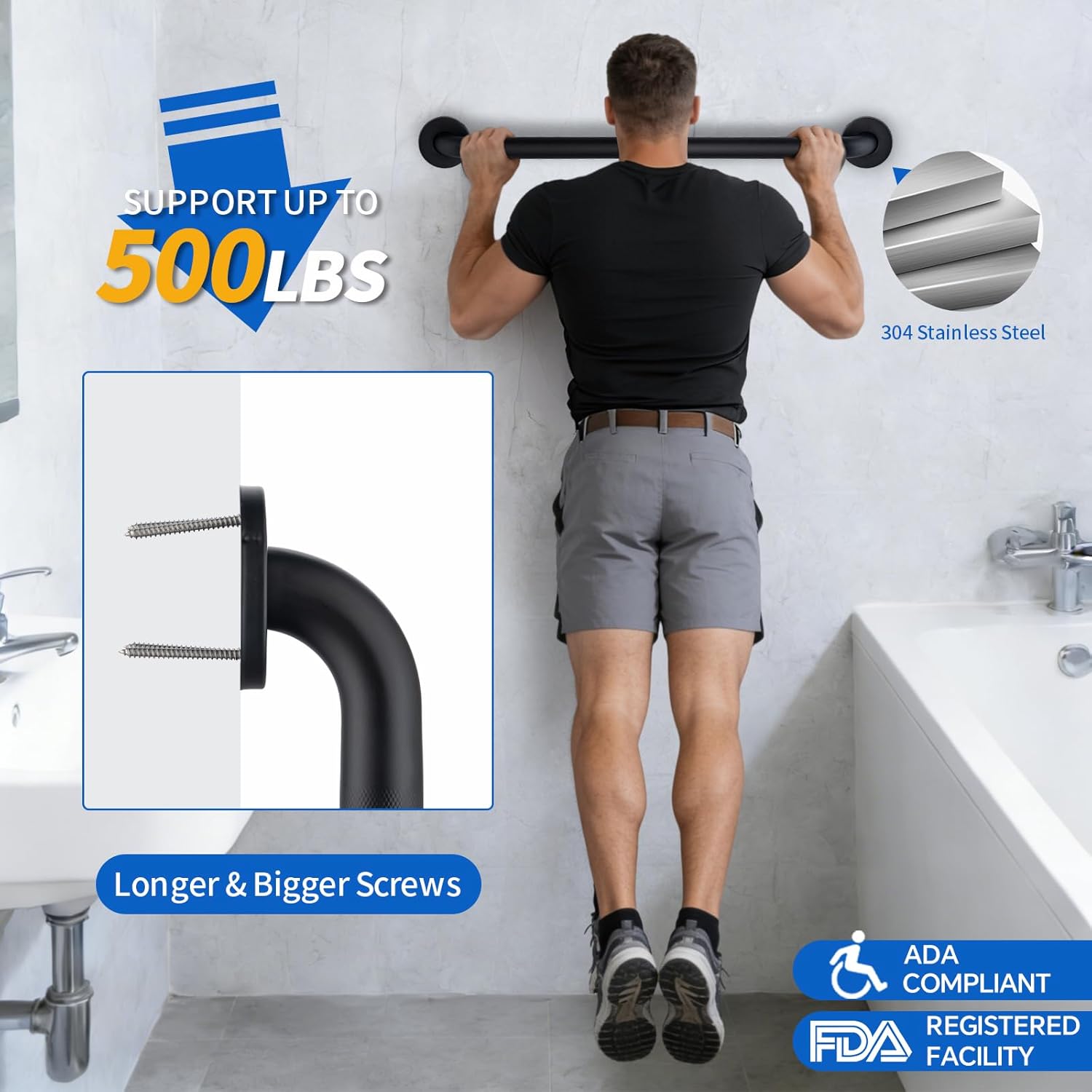 Anti-Slip Shower Grab Bar for Seniors Disabled,Bathroom Safety Bars for Wall Mount,High Load Capacity Toilet Grab Bars,Water-Resistant Shower Safety Bars for Elderly (Black Knurled, 24-inch Grab Bar)