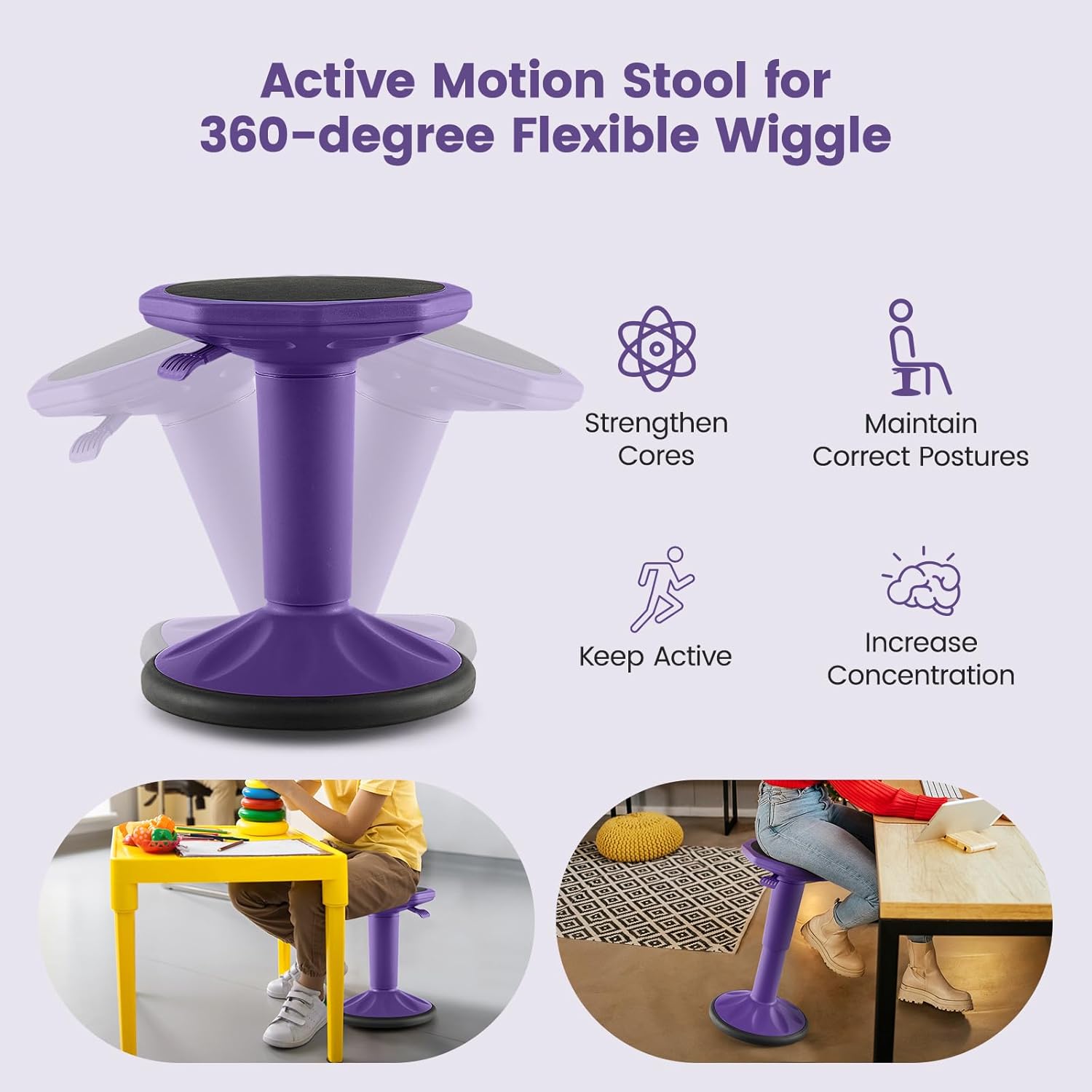 GLACER Wobble Stool, Kids Wiggle Stool for Classroom Seating, 24" Active Learning Stool w/Adjustable Height, Sitting Balance Chair for School, Office, Flexible Seating Wobble Chair (Purple)