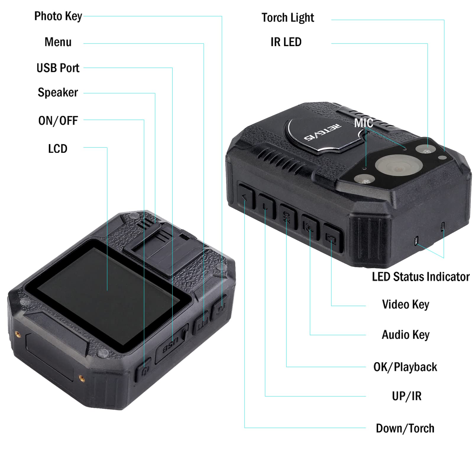 Retevis RT77 Body Camera Polizia 1080P 16G Videocamera Indossata o Montata Smart Night Vision 2650mAh Riproduzione Angolato 150° Gradi LCD da 2.0 Pollici (Nero,1Pezzi)