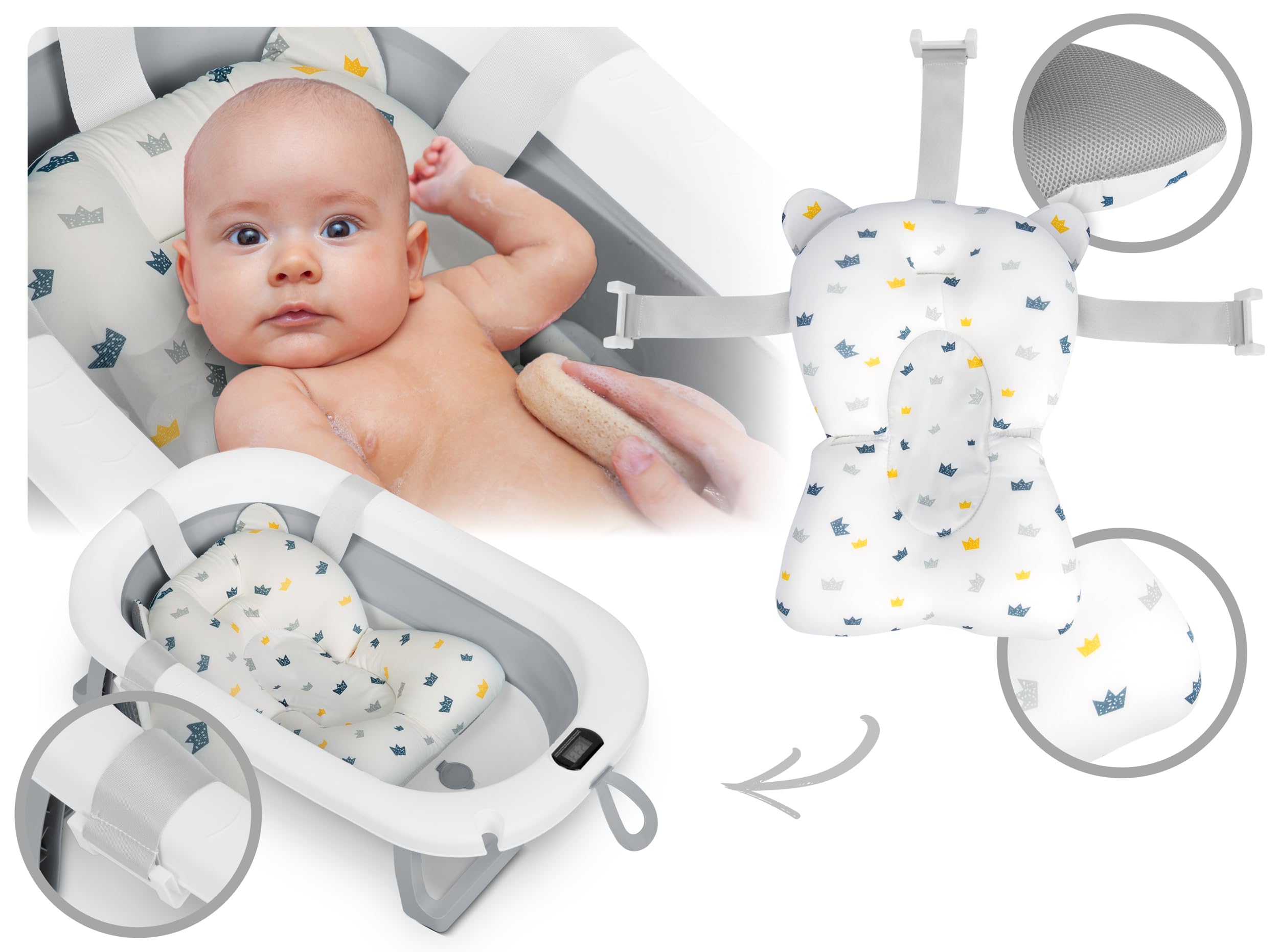 Ricokids Vasca da bagno per bambini con struttura termometro e cuscino da bagno, pieghevole, leggera, antiscivolo, colore: bianco e grigio