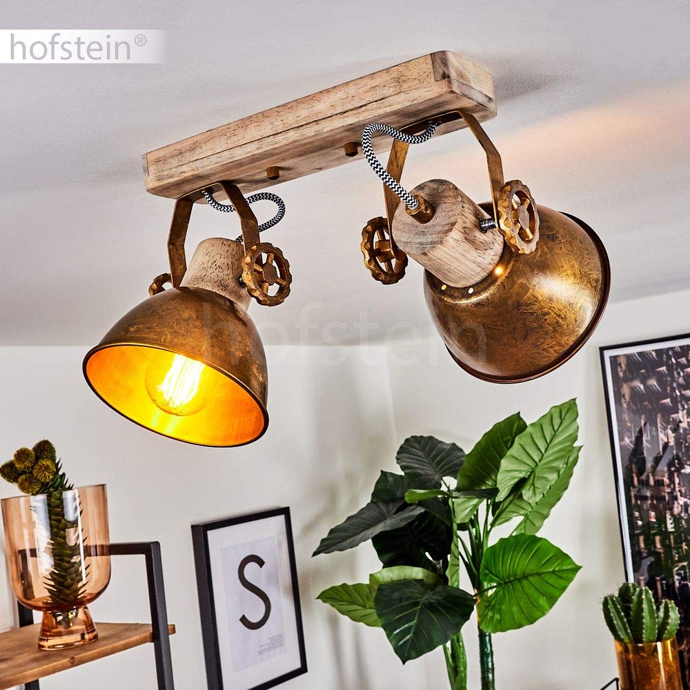 Lampada da soffitto Orny, lampada da soffitto a 2 luci in legno e metallo color bronzo, lampada da camera dal look industriale, 2 x E27, le teste delle lampade sono regolabili, senza lampadina/e