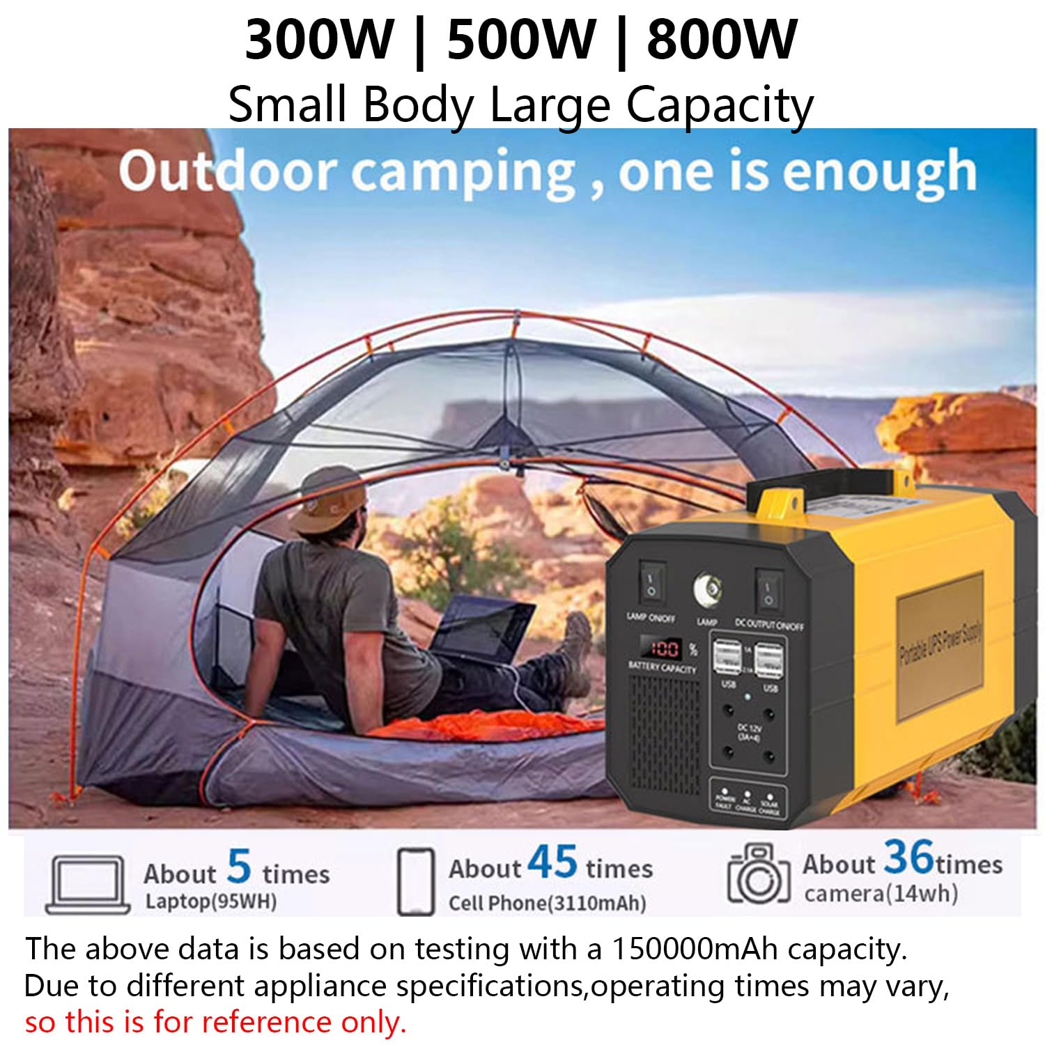Estación de energía portátil, generador solar de respaldo para camping con toma de corriente alterna y luz LED para camping, caravanas, drones e iluminación exterior, con 2 tomas de corriente y 4 pu