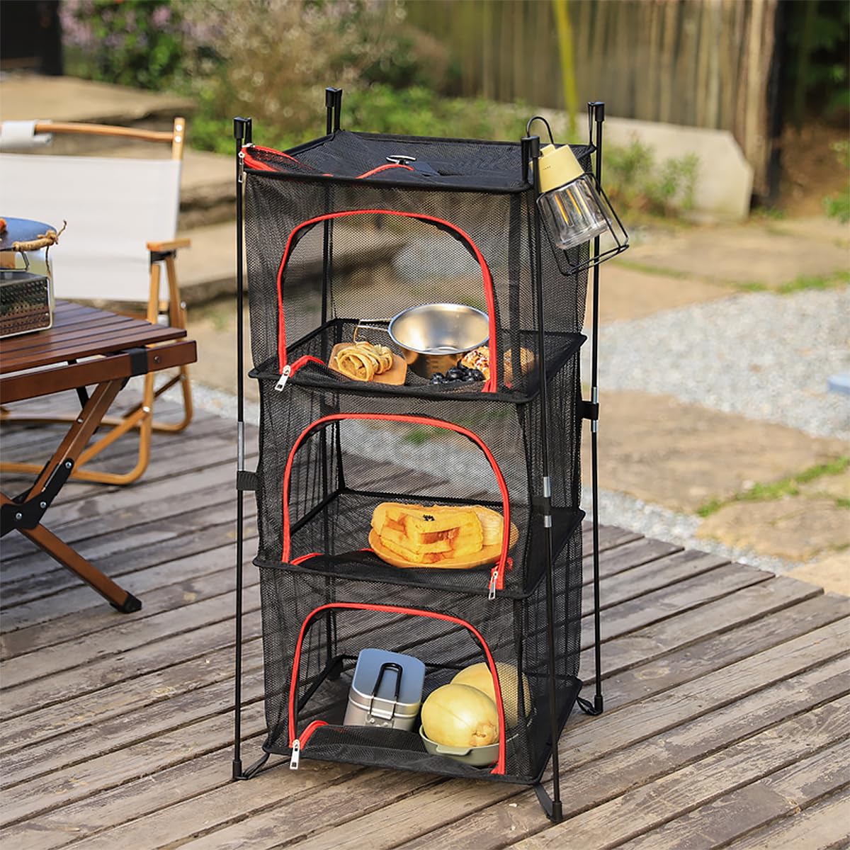 Zusammenklappbares Trockennetz, 4-lagiges Netz-Hängegestell, stehendes Trockennetz, Camping-Organizer, Netz-Trockner-Aufbewahrung, Hängekorb mit Reißverschluss für Camping, Picknick, Grillen