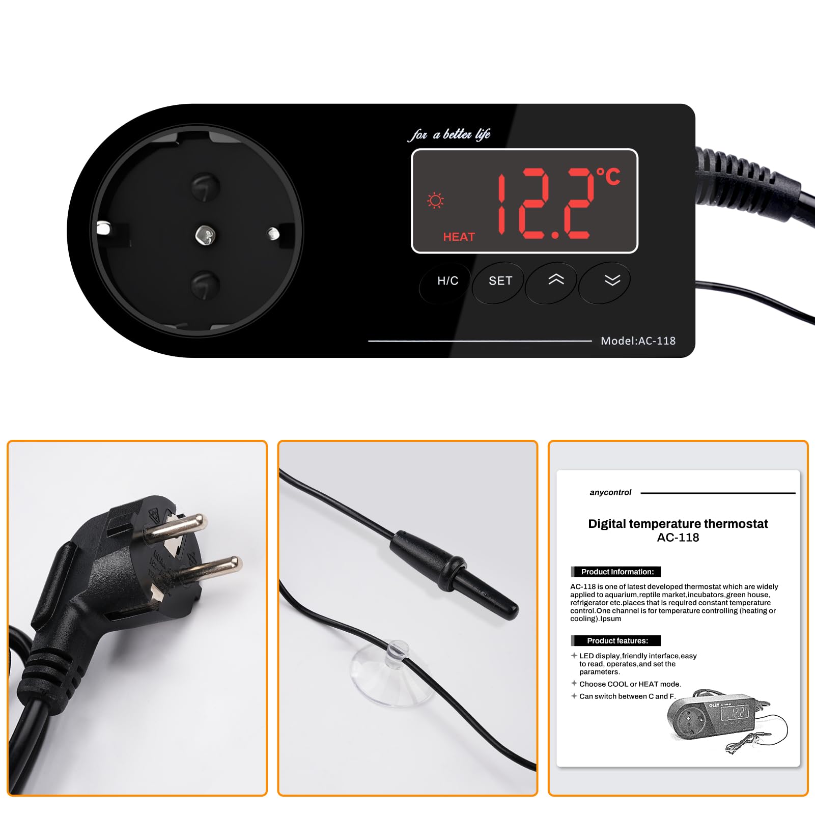 Termostato Enchufe 220V, Termostato Reptiles Terrario de Enchufe con Sensor y Pantalla LCD, Controlador de Temperatura de Enfriamiento de Calefacción para Incubadora Invernadero Reptil Acuario