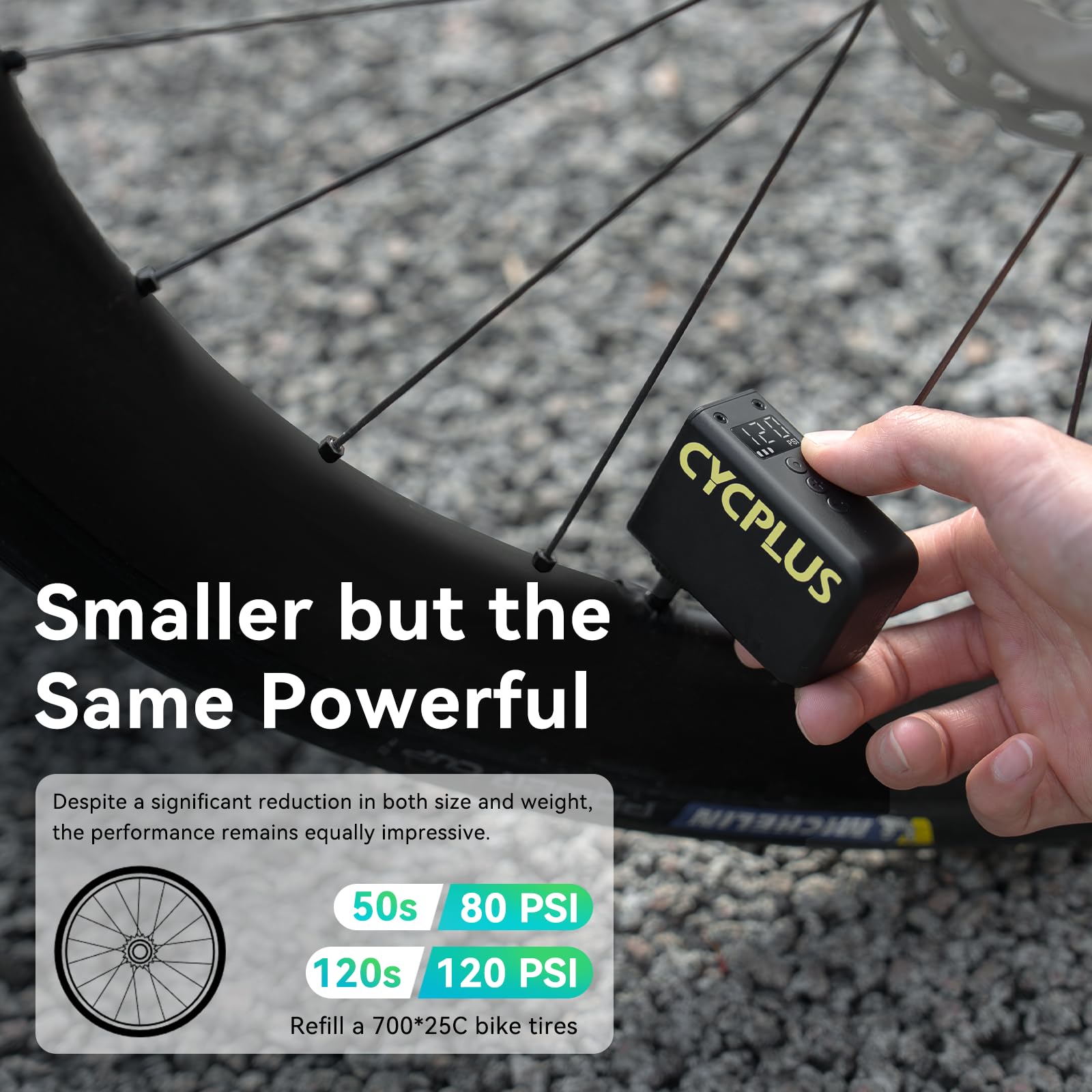 CYCPLUS Mini Pompa per Bicicletta con Manometro, Pompa Elettrica Compatta da 120 PSI, Funzione di Arresto Automatico, Valvole Presta e Schrader per E-Bike, MTB e Bici da Corsa AS2 Ultra (87g)