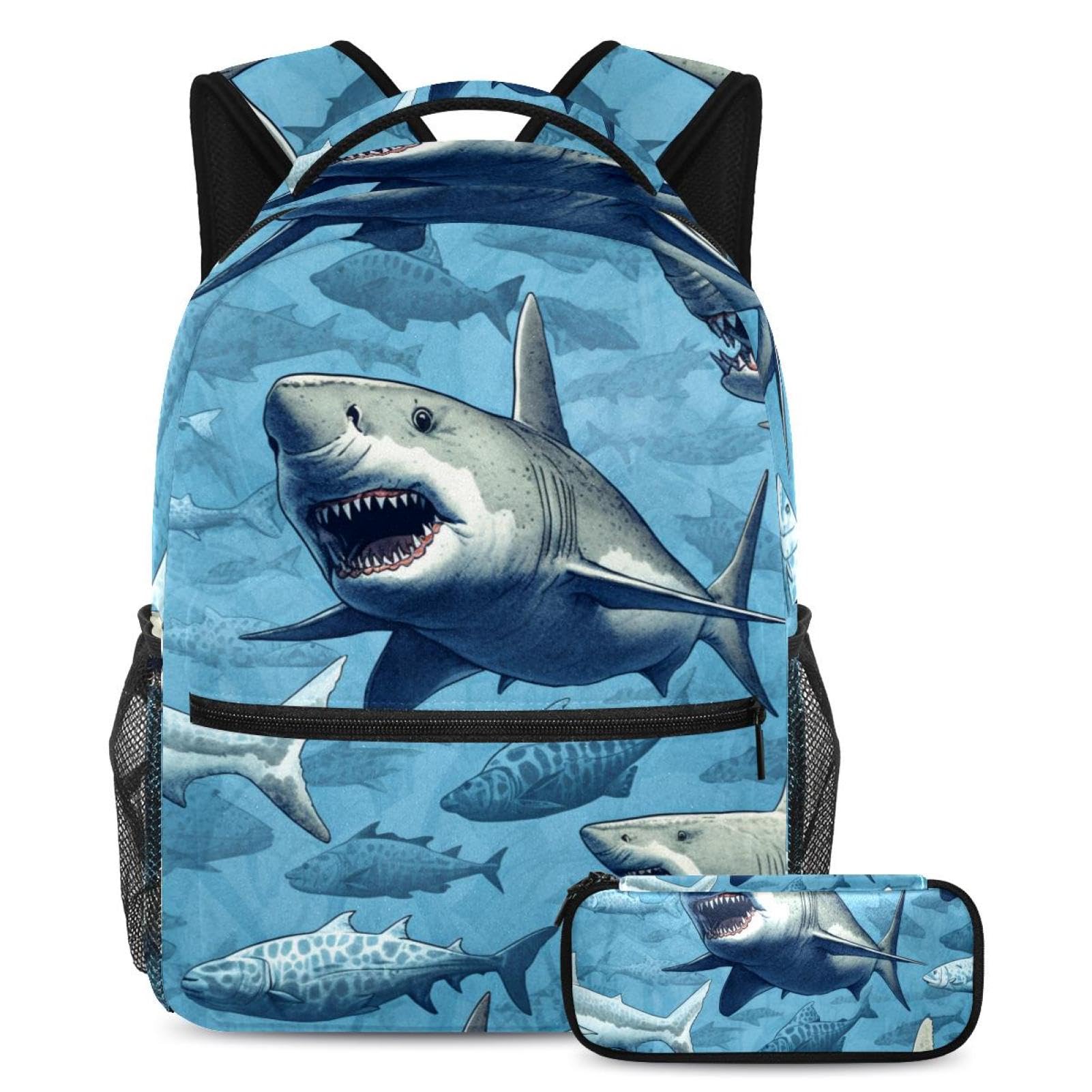 Sac à dos avec trousse requins grand volume pour étudiants