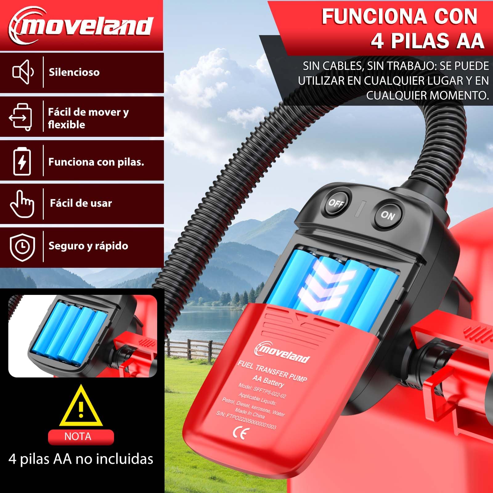 moveland Bomba de Combustible Eléctrica - Eficiente y Segura para Bidones, con Sensor Anti-Desbordamiento, 4 Adaptadores y Manguera de 2.2 GPM