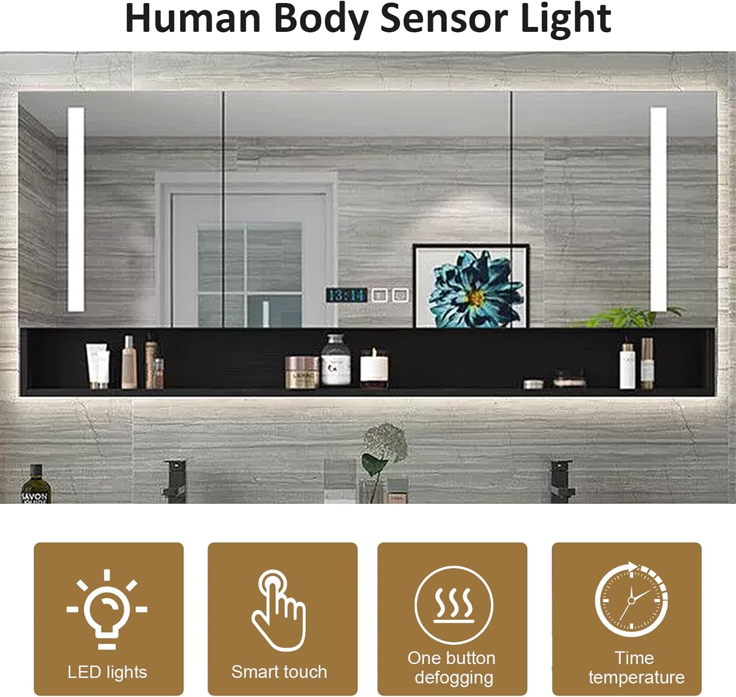 Bathroom Vanity with Double Sink - 60IN Bathroom Vanity with One - Button Defogging & Human Body Sensor Light | 4 Drawers & LED Light & Black