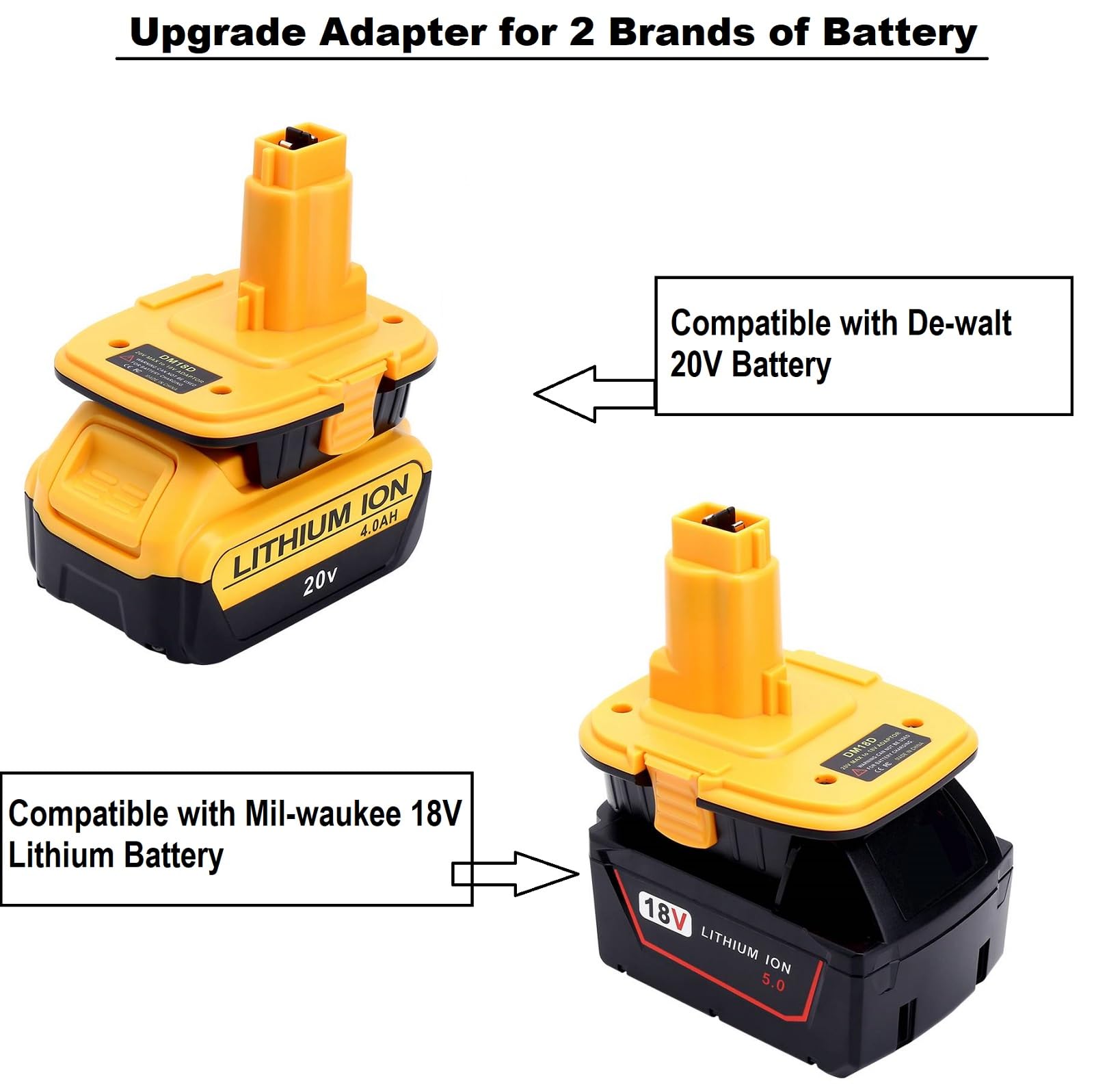 Paquete de 2 adaptadores de batería DM18D compatibles con herramientas Dewalt de 18 V, compatible con Dewalt de 20 V y compatible con batería de iones de litio Mil-waukee de 18 V convertida en