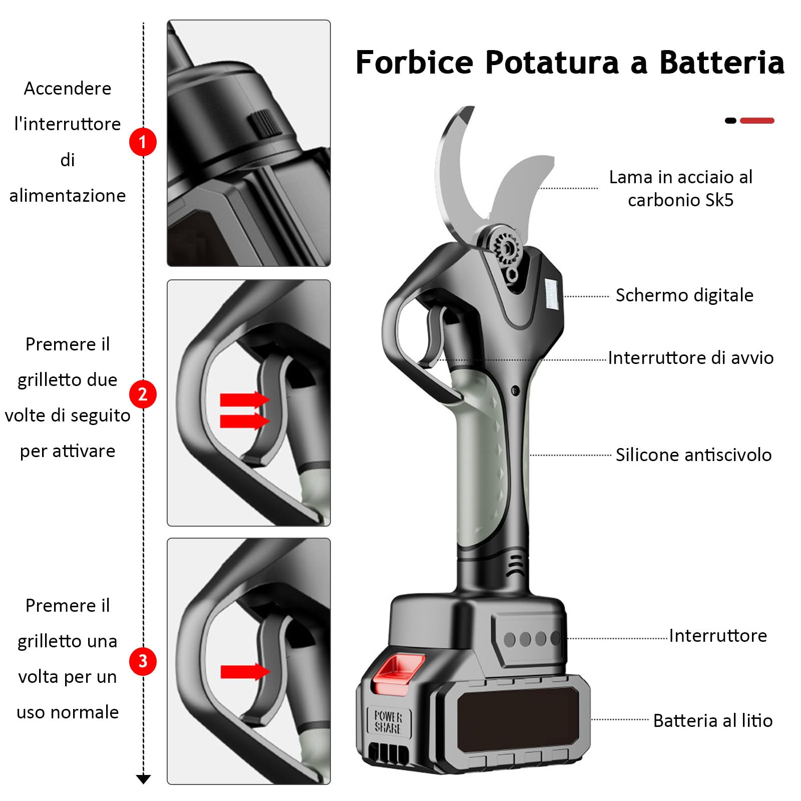 Forbici Potatura a Batteria con Asta, Cesoie Elettriche Professionali 2 x 4500 mAh, Display per Giardino, Frutteto