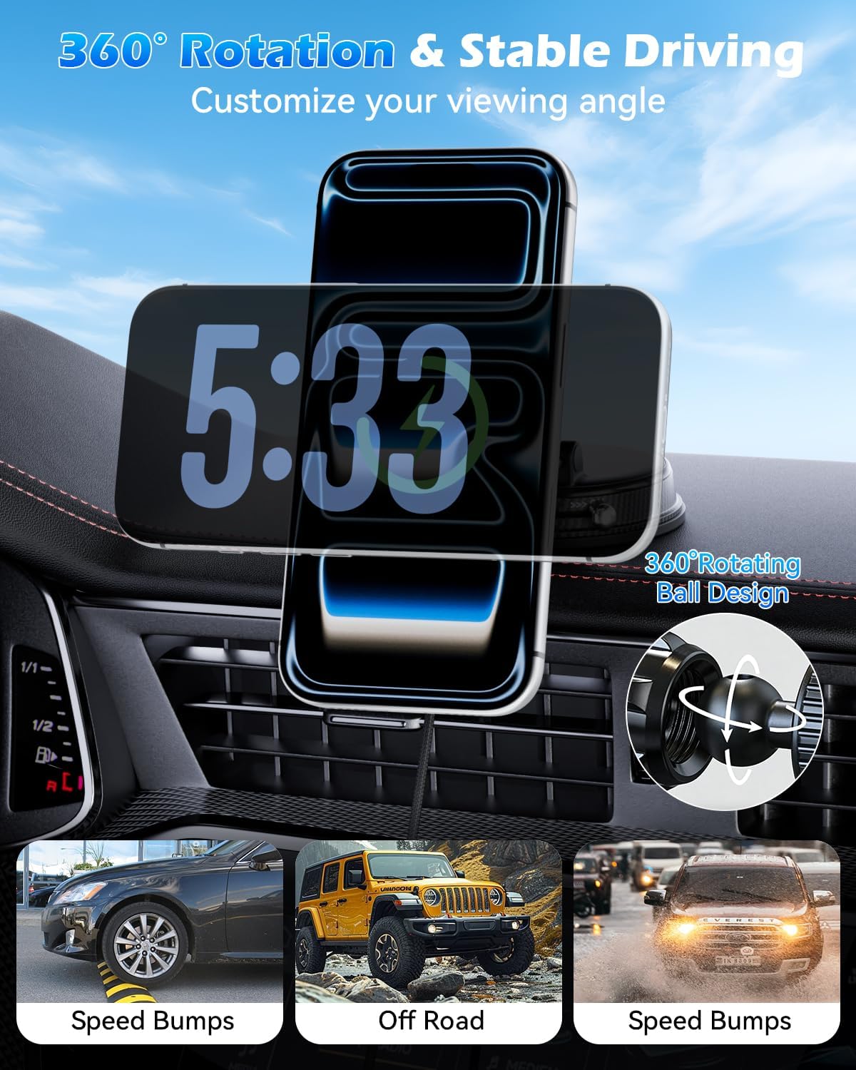 CloudValley Qi2.2 25W Cargador inalámbrico para Coche, Soporte magnético para móvil con Ventilador y Adaptador 45W, Ventosa giratoria 360°, Carga rápida, Compatible MagSafe iPhone 17/16/15/14