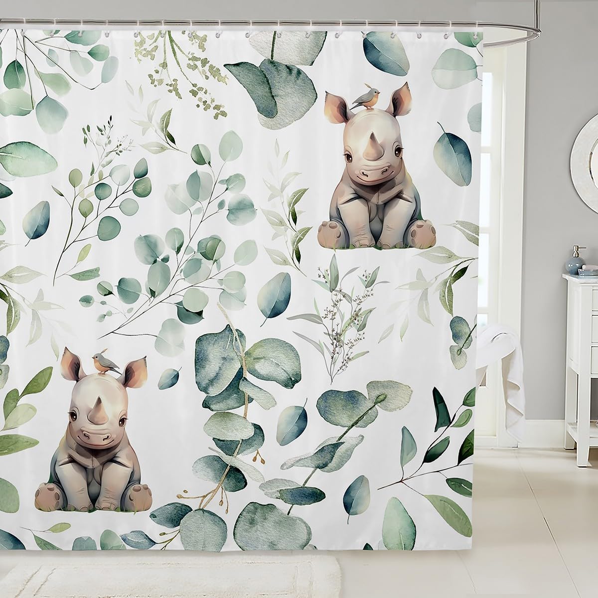 Kawaii Rhino Waterproof Bathroom Curtain for Boys Girls Cartoon Animal Bath Curtain, Eucalyptus Leaves Shower Curtain Jungle Wildlife Bathroom Curtains, Tropical Botanical Plants Shower Set