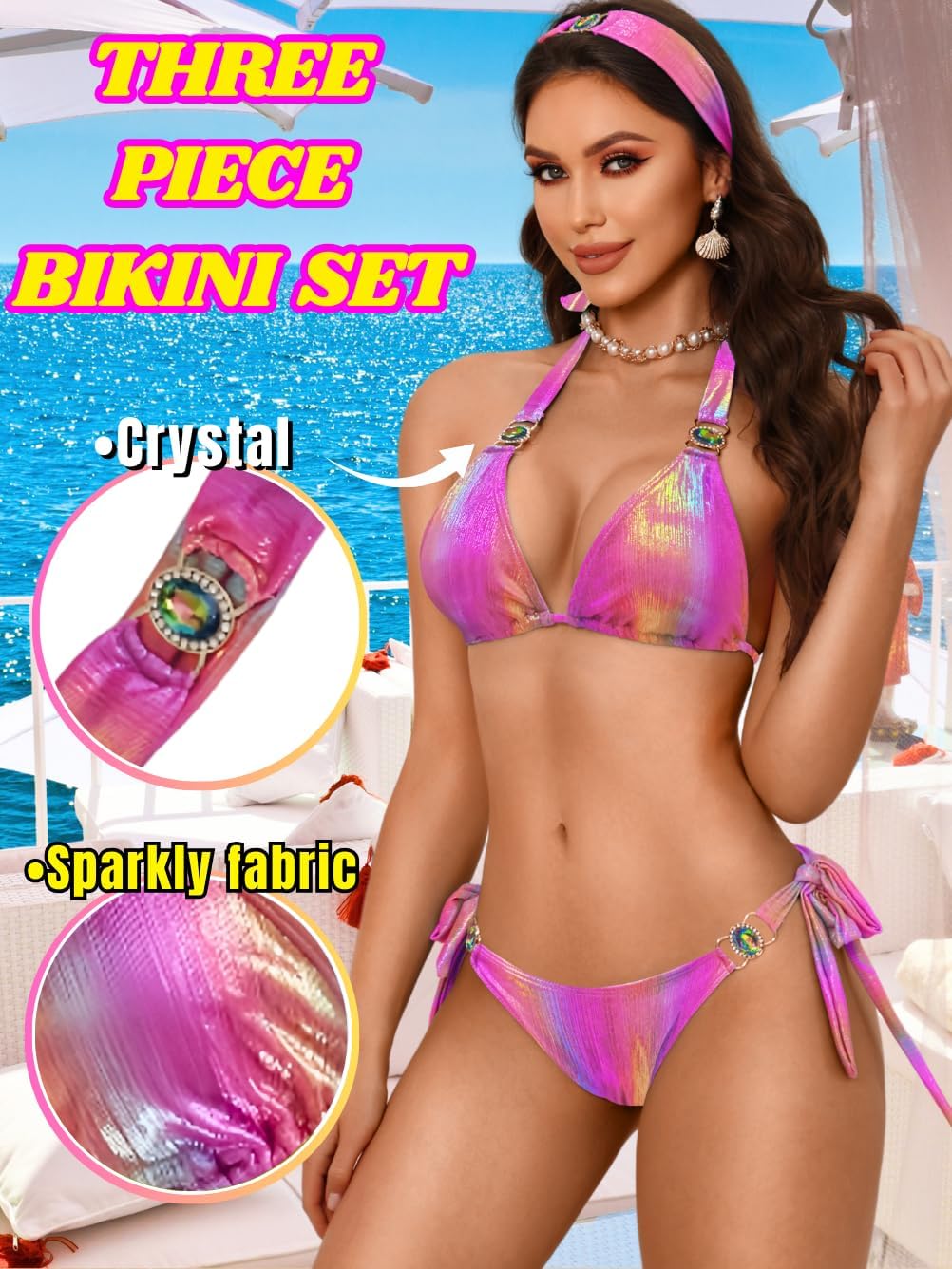 EHSUYAB Womens Sexy Triangle Metallic Bikini Set, Crystal Rhinestone Headband Halter Swimsuit, Cheeky Tie Ruched Bathing Suit