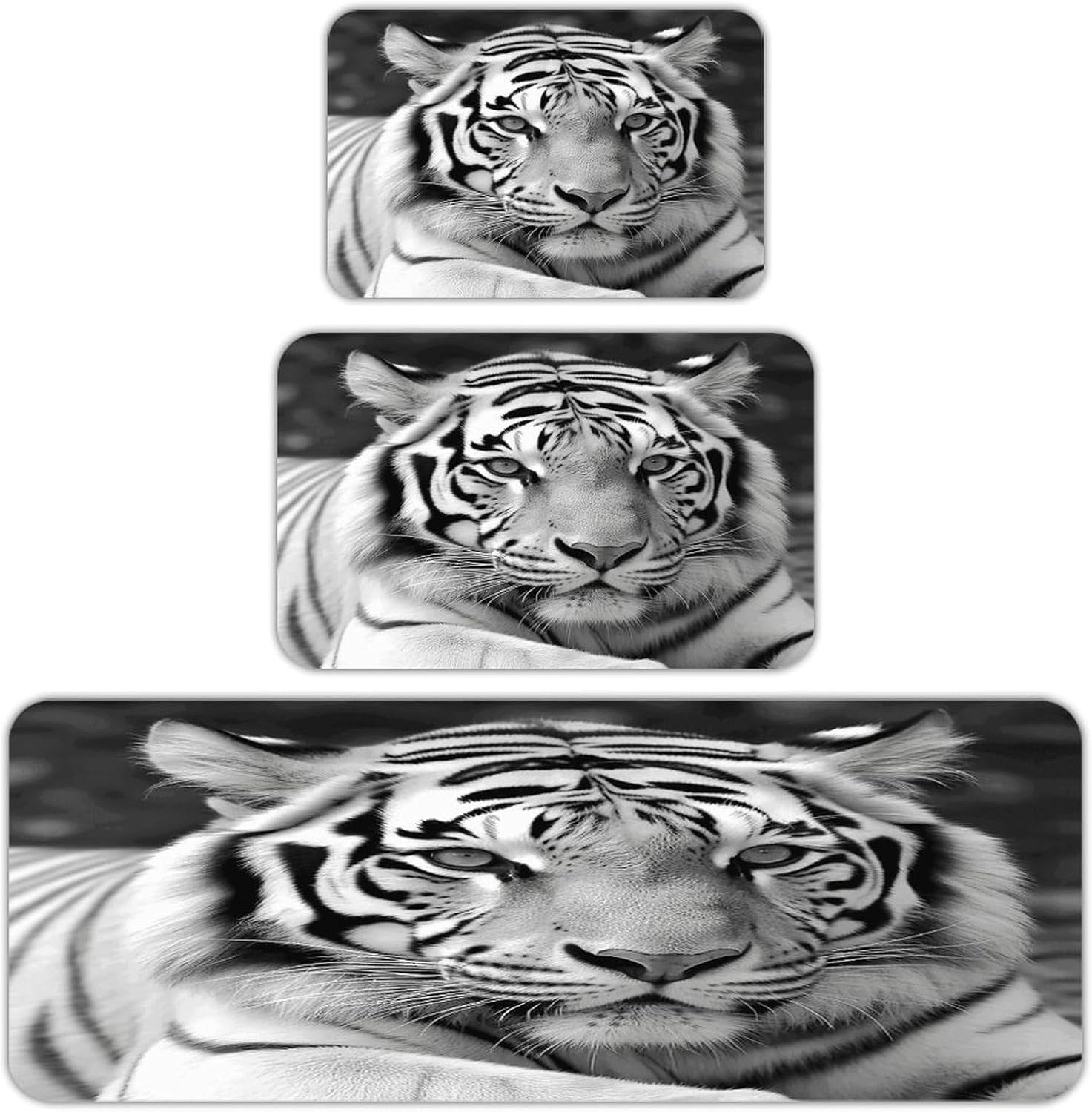 Black White Tiger Kitchen Mat Set of 3 Waterproof Floor Mats Non-Slip Kitchen Rugs Premium Flannel Rug Heavy Duty Standing Mat for Kitchen Home Bathroom Laundry